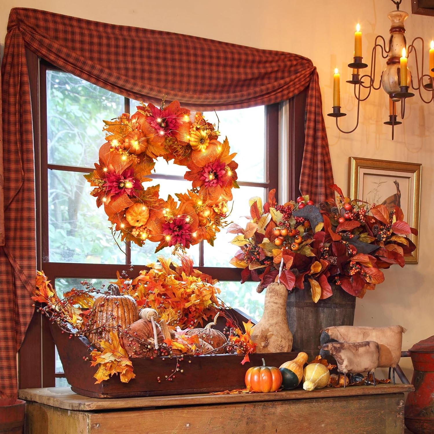Fall Wreath with Lights - 20 Inch Autumn Decor for Front Door and Porch