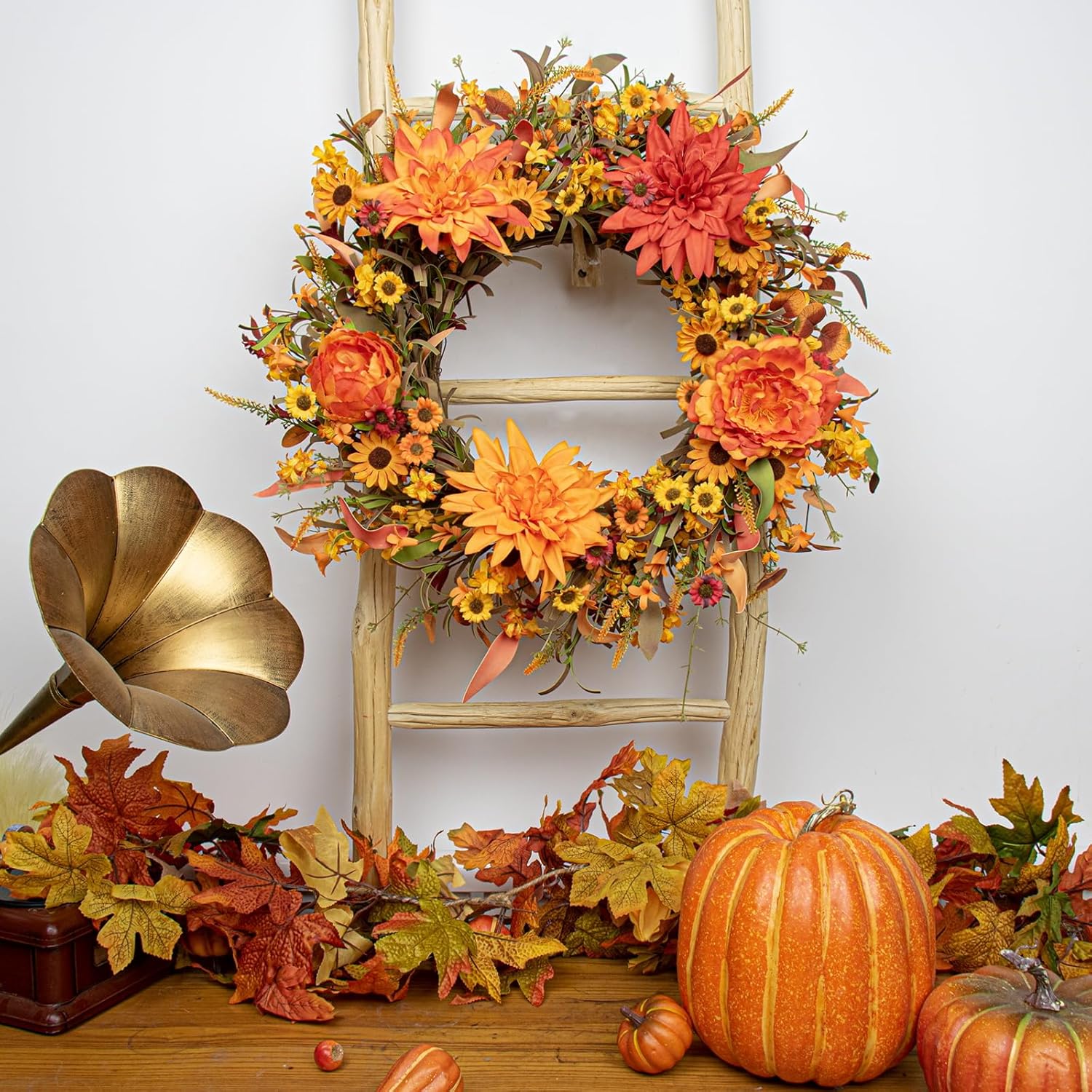 JFLORU 22 Inch Artificial Fall Wreath Autumn Decor for Front Door Thanksgiving Harvest Festival