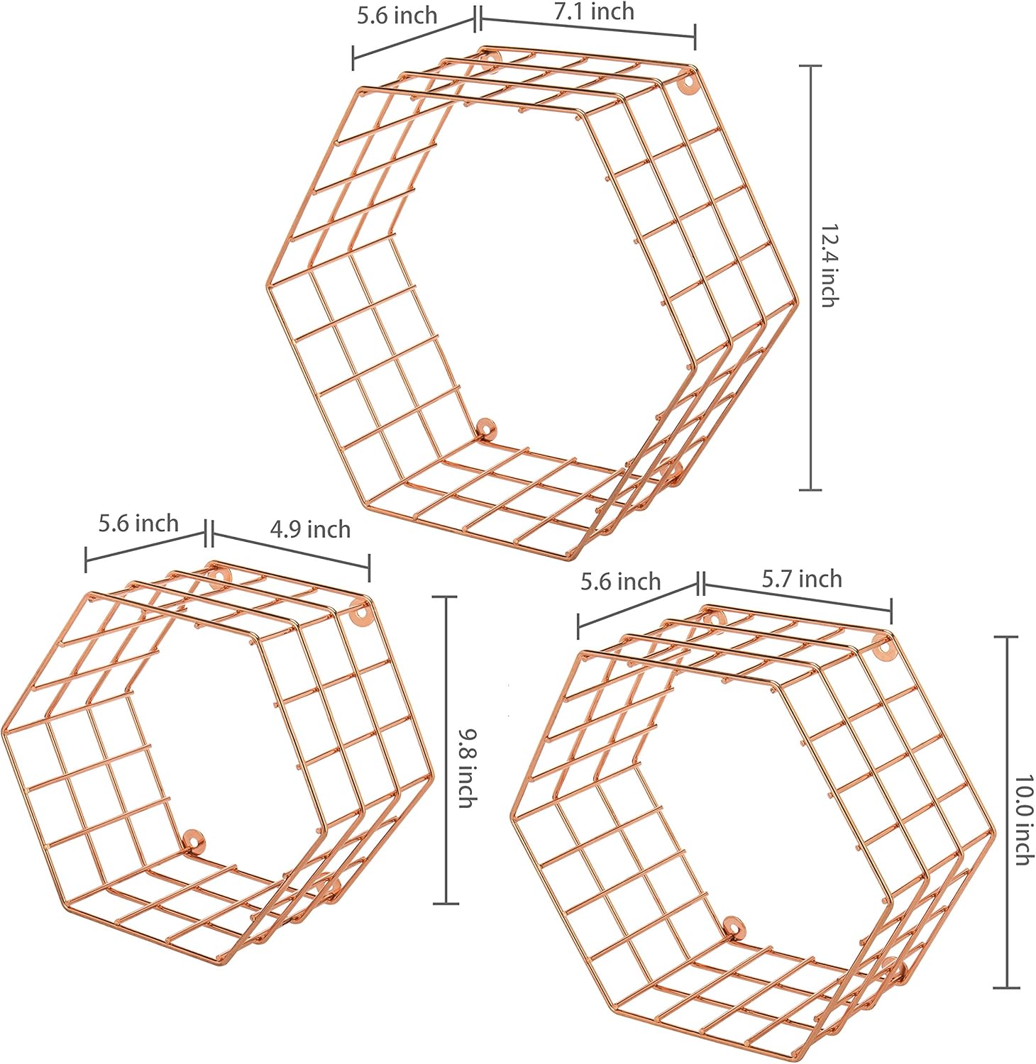 MyGift Copper Floating Hexagon Shelves Set of 3