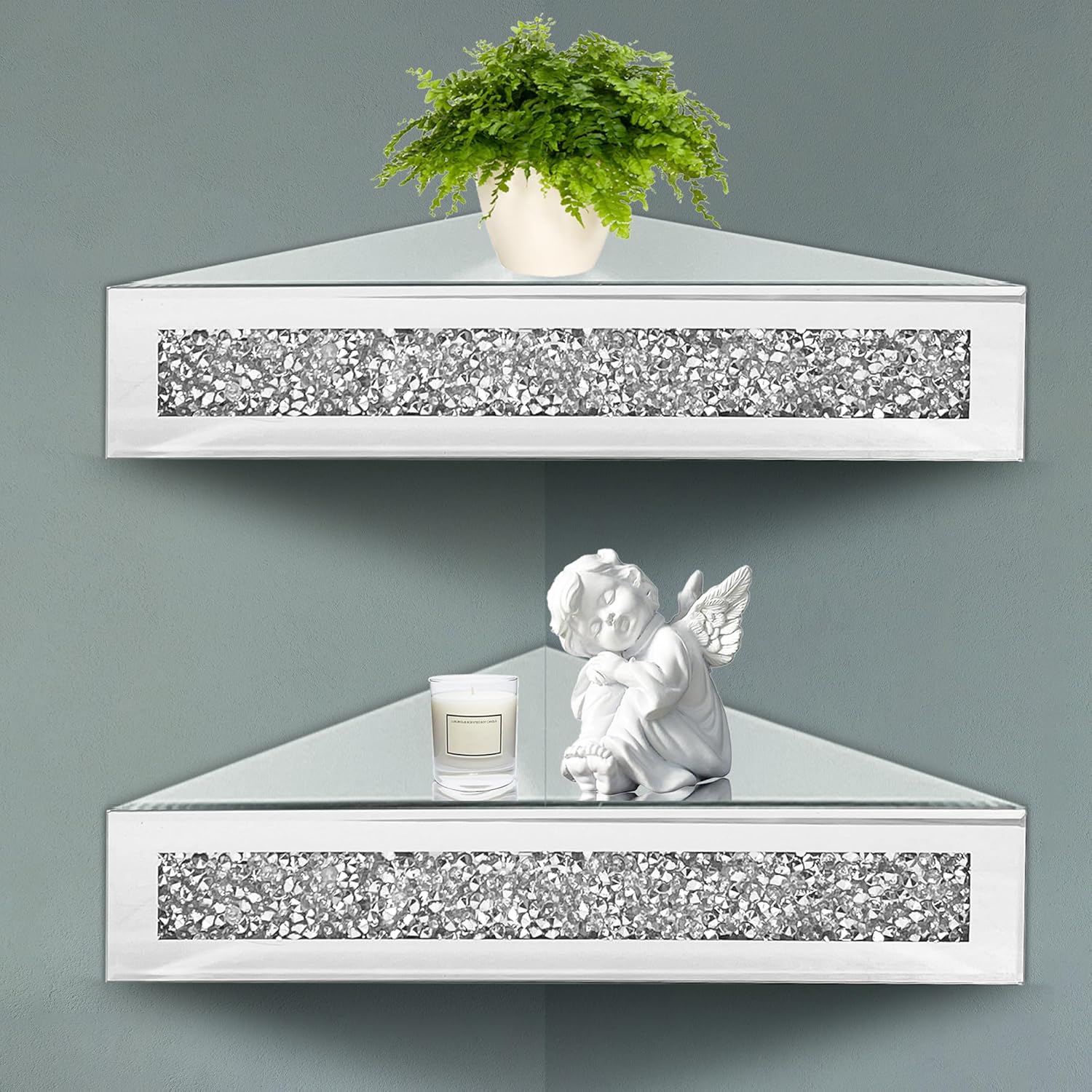 Royxen Floating Corner Shelves 2 Sets Crystal Mirrored