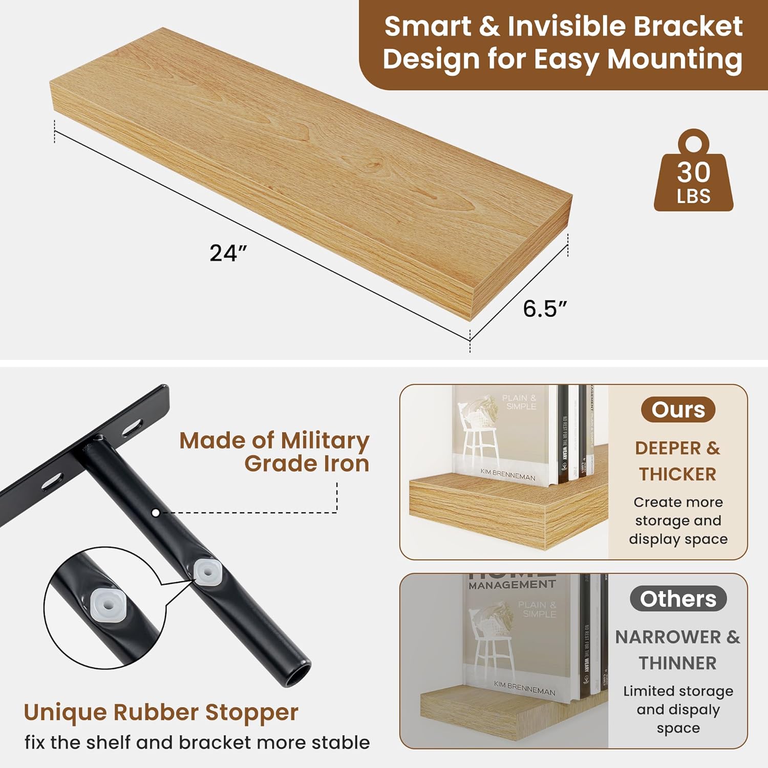 Fuqing Floating Shelves Wall Mounted 24 Inch Set of 2 Oak