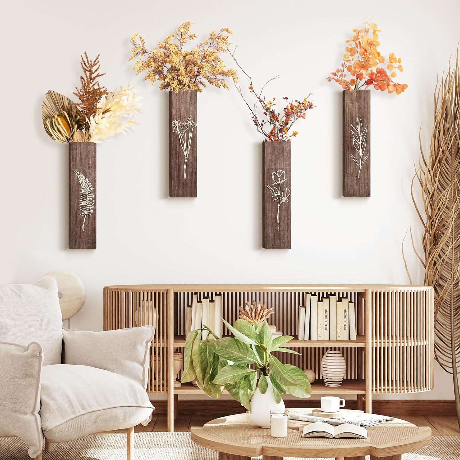 HOMIEE 4 Pack Wooden Wall Planters with Artificial Eucalyptus