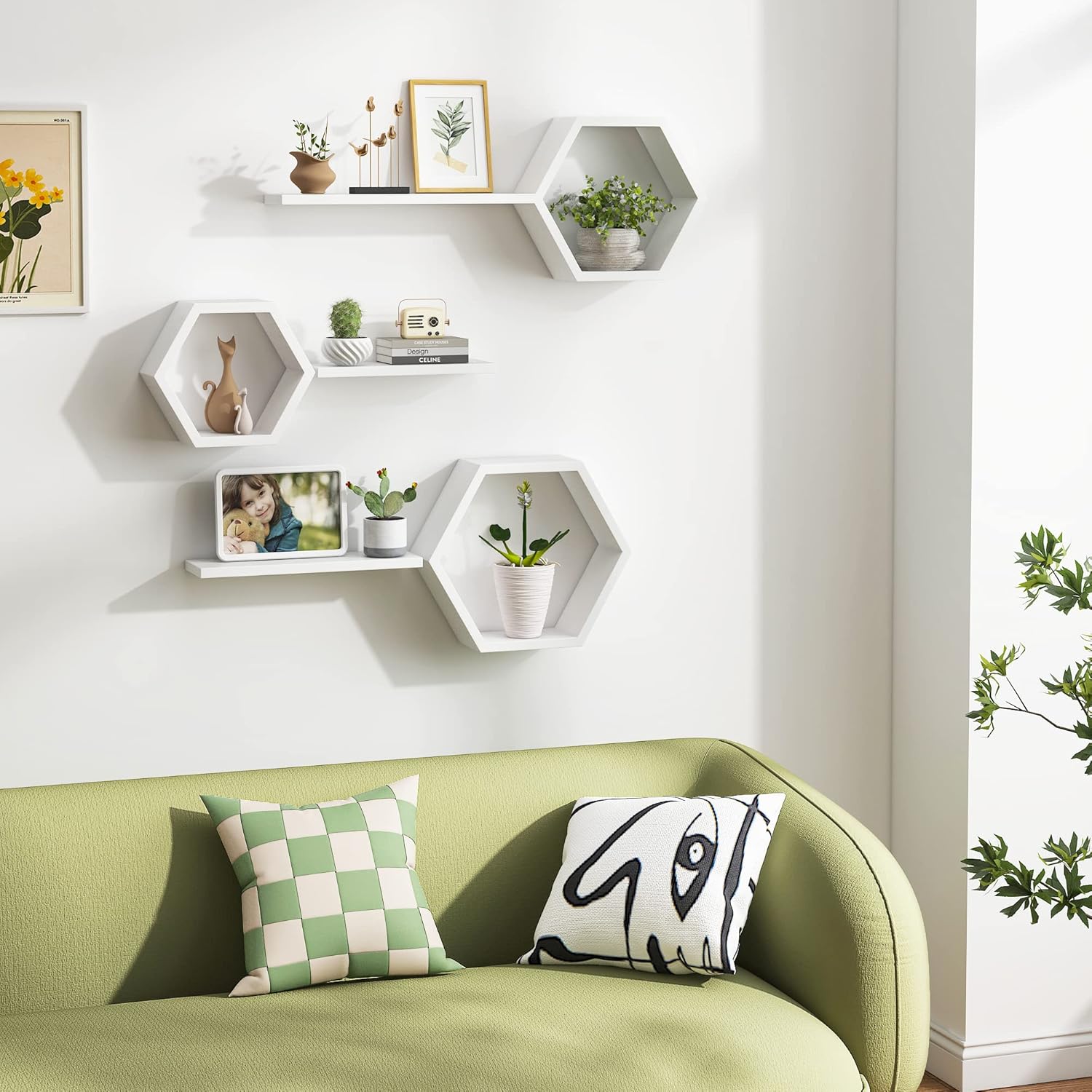 Wooden Hexagon Floating Shelves Set of 6 White Pine