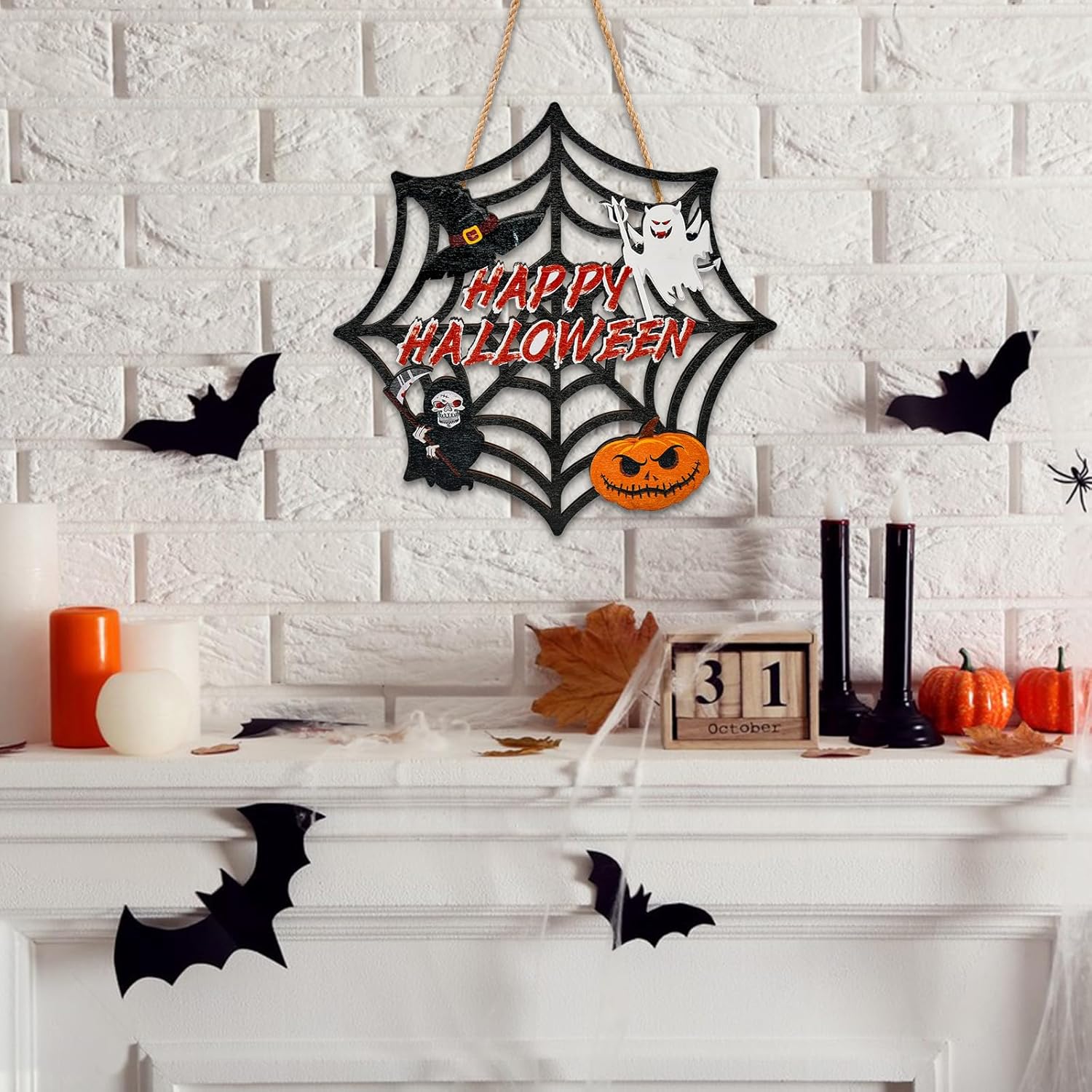 Halloween Wooden Door Wreath with Spider Web and Pumpkin