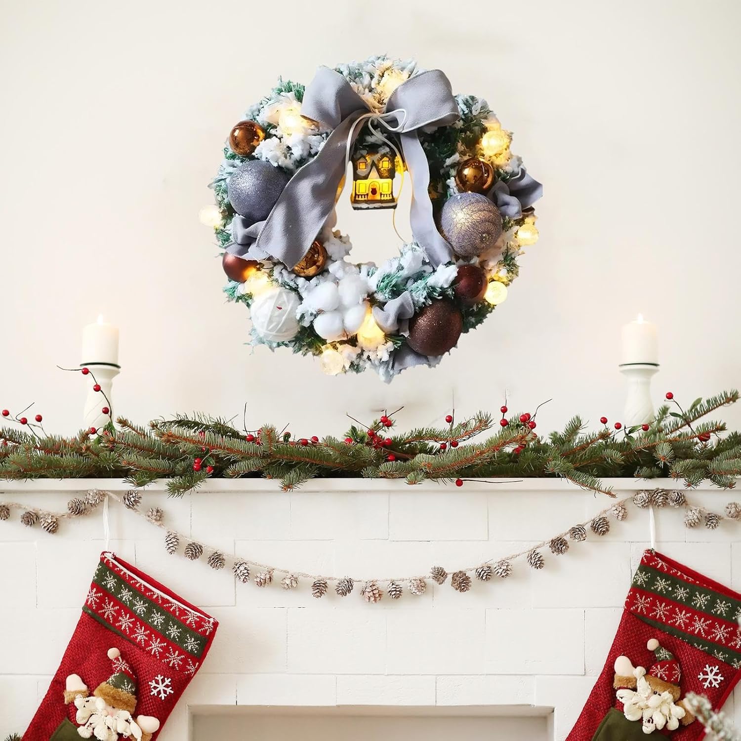 Front Door Wreath with Bow Tie Realistic Holiday Decor