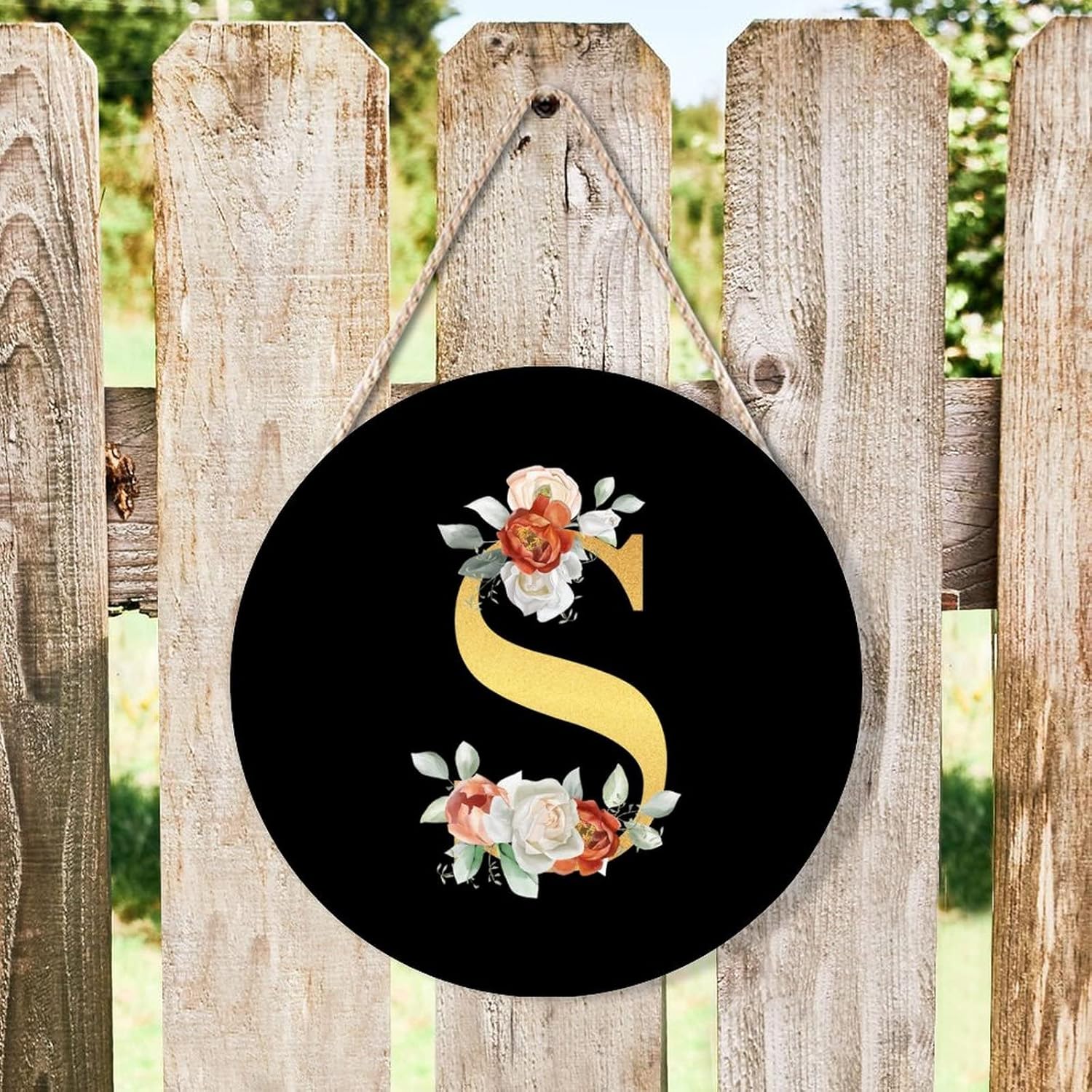 Farmhouse Front Door Hanger Rose Gold Initial Letter S Wood Sign 10x10in
