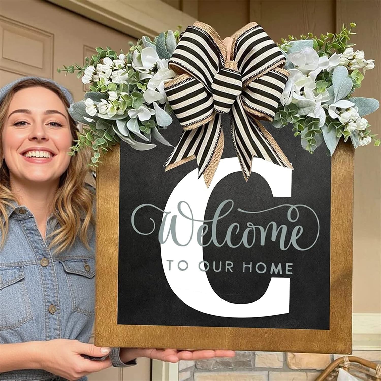 16 Inch Personalized Last Name Welcome Sign Outdoor Door Wreath Decor