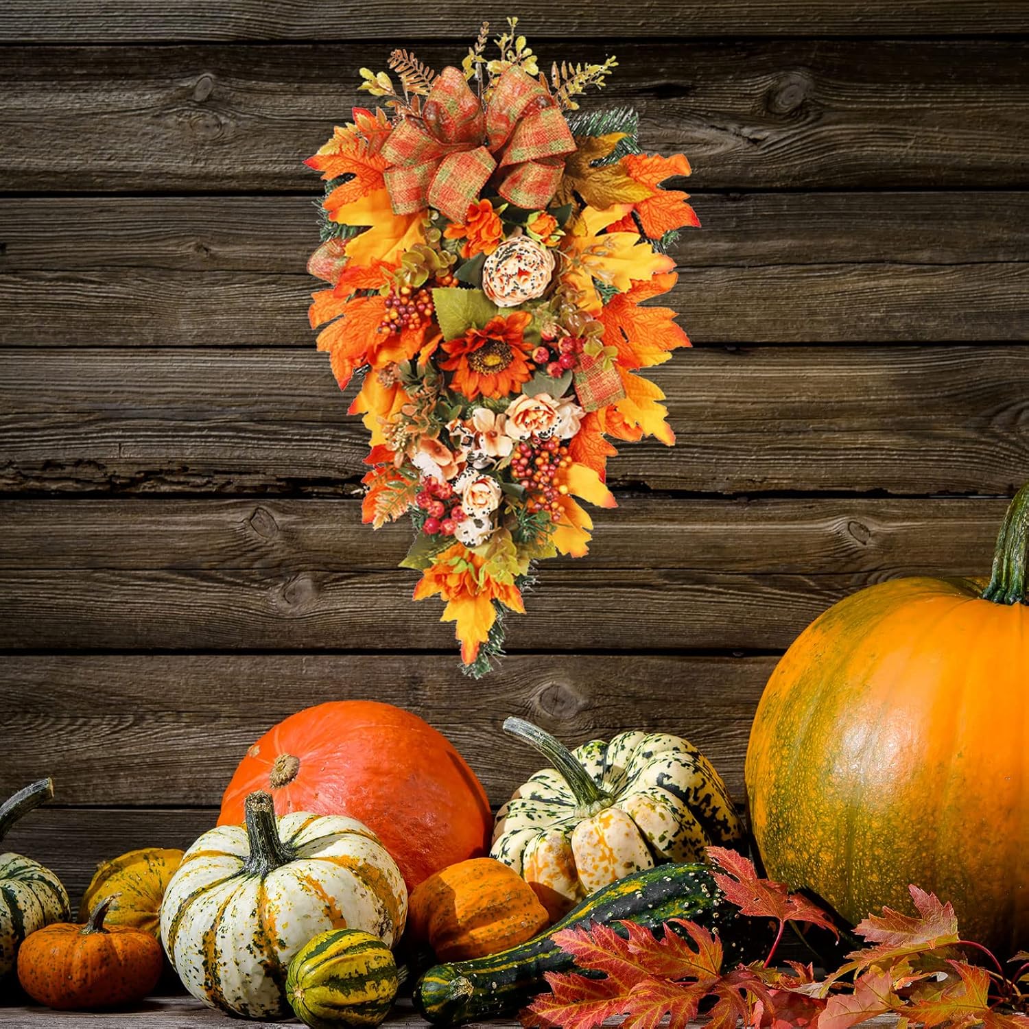 Fall Harvest Teardrop Wreath with Lights