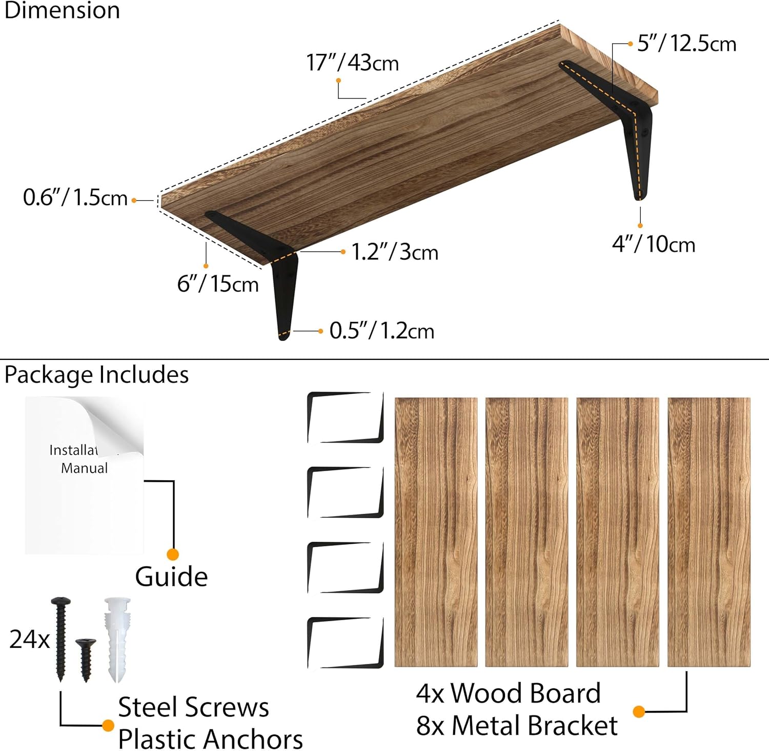 Wallniture Arras Floating Shelves Set of 4 17x6 Burned Finish