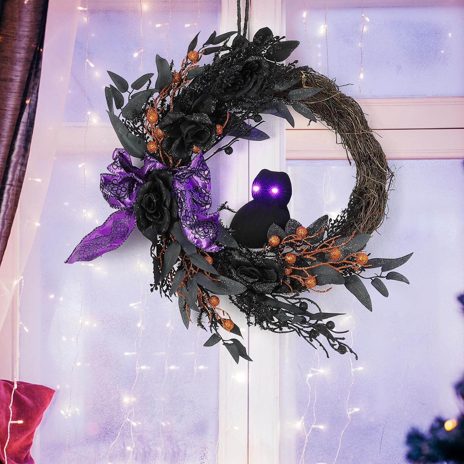 22 Inch Halloween Owl Wreath with Lighted Eyes