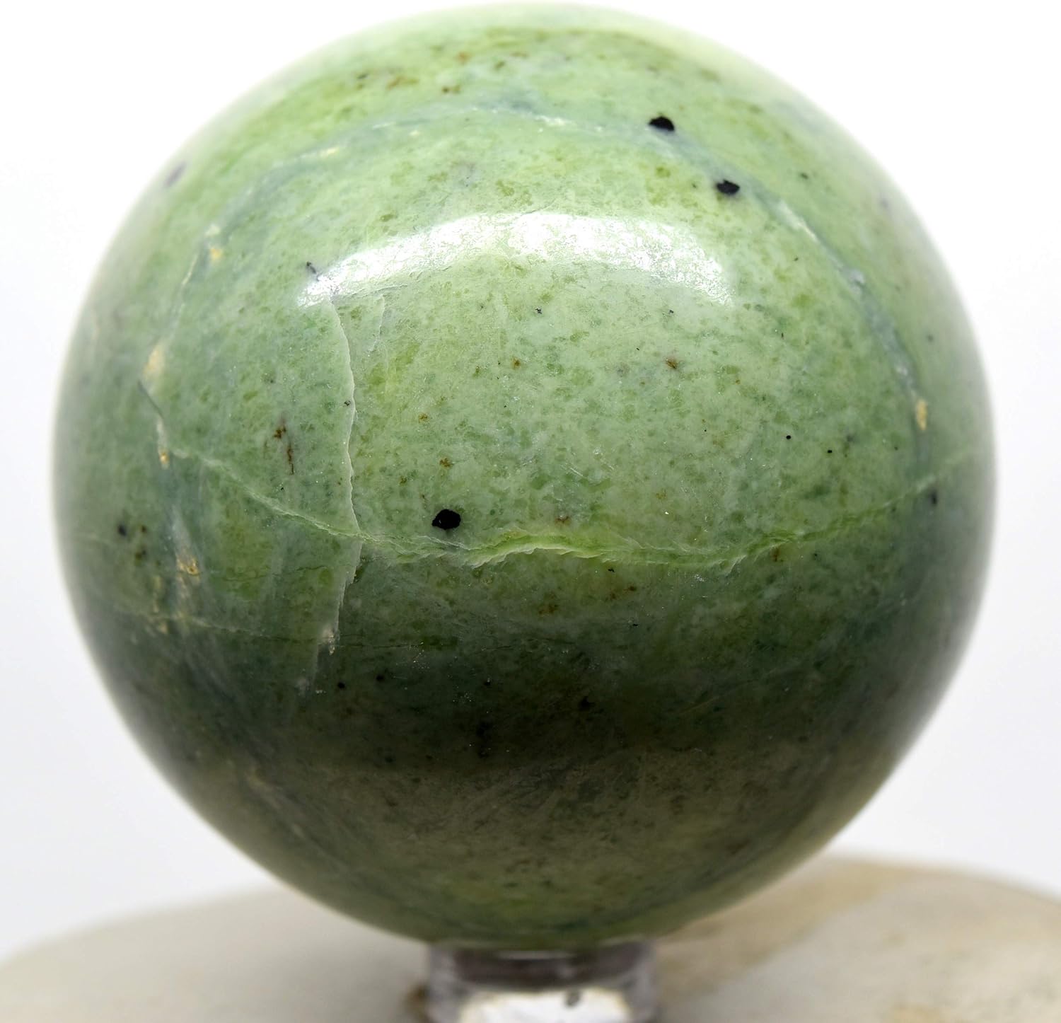 64mm Green Jade Sphere Natural Nephrite Crystal Ball with Stand