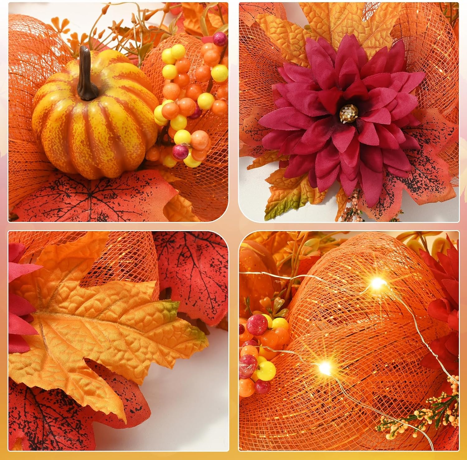 Fall Wreath with Lights - 20 Inch Autumn Decor for Front Door and Porch
