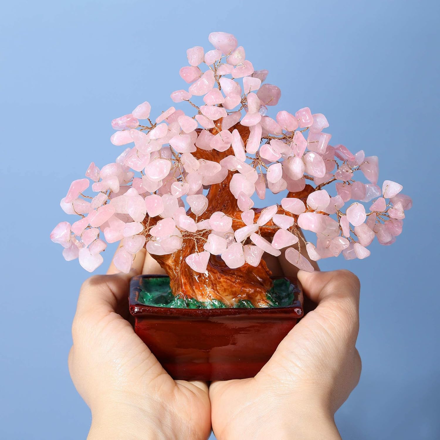 Jovivi Rose Quartz Crystal Heart Money Tree Healing Bonsai Set