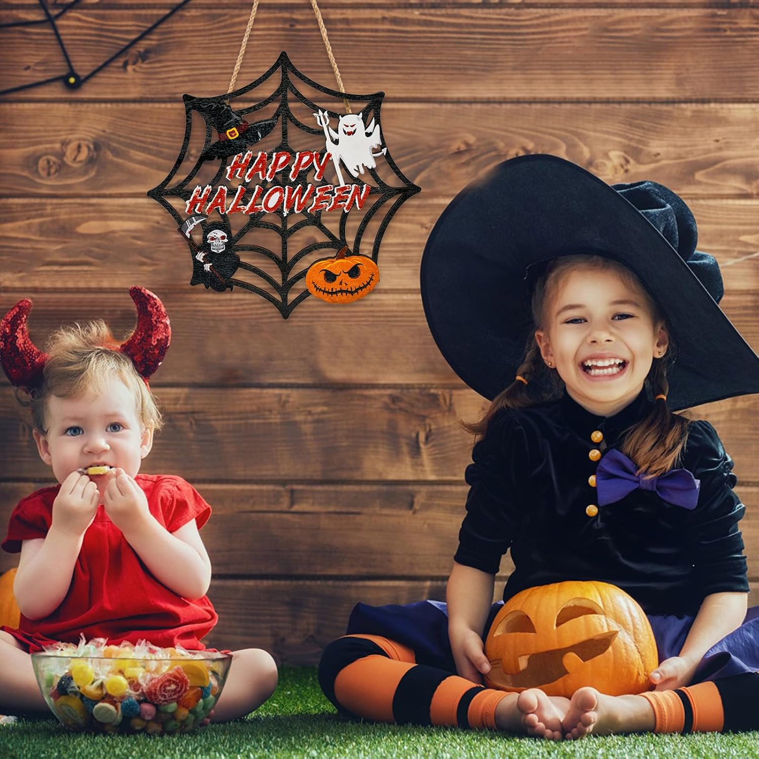 Halloween Wooden Door Wreath with Spider Web and Pumpkin