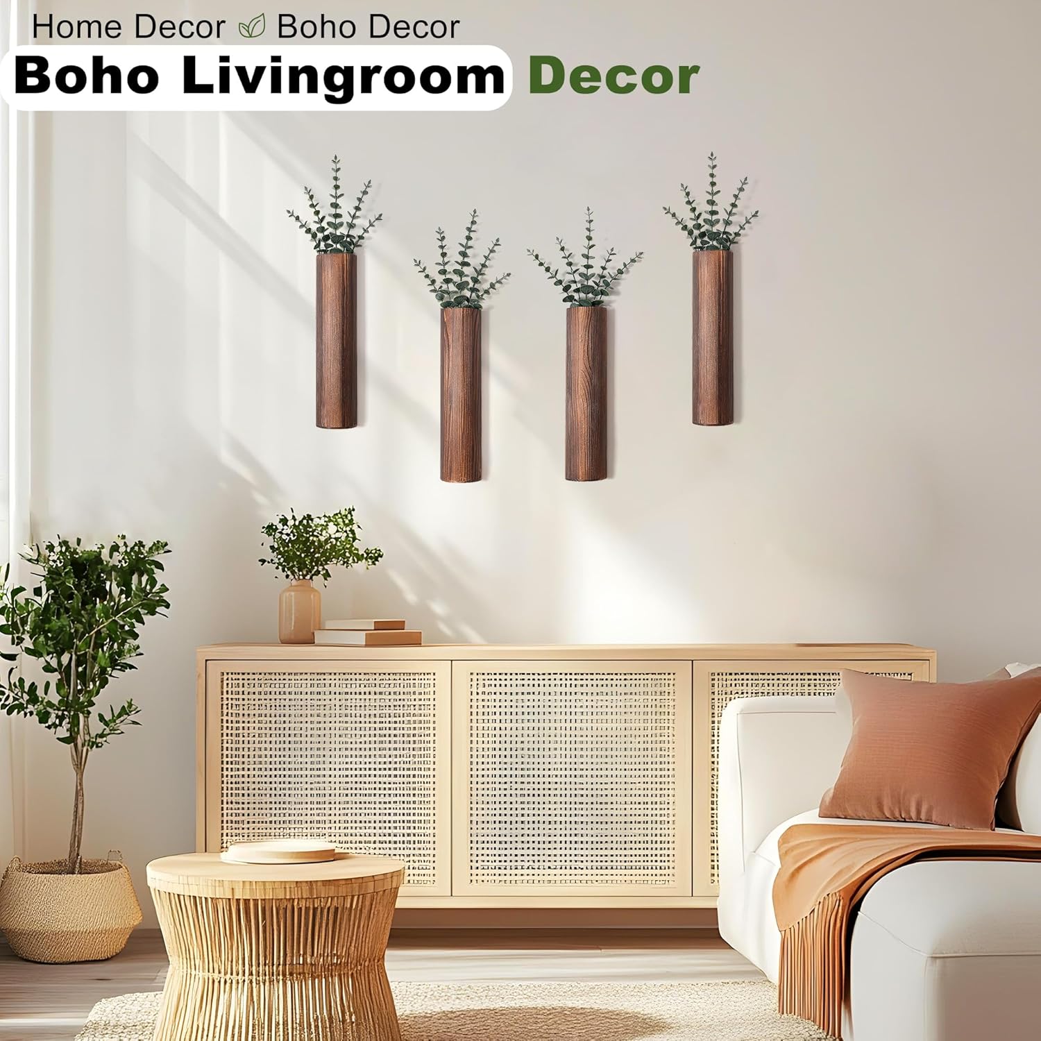 4 Pack Wood Wall Planter with Artificial Eucalyptus