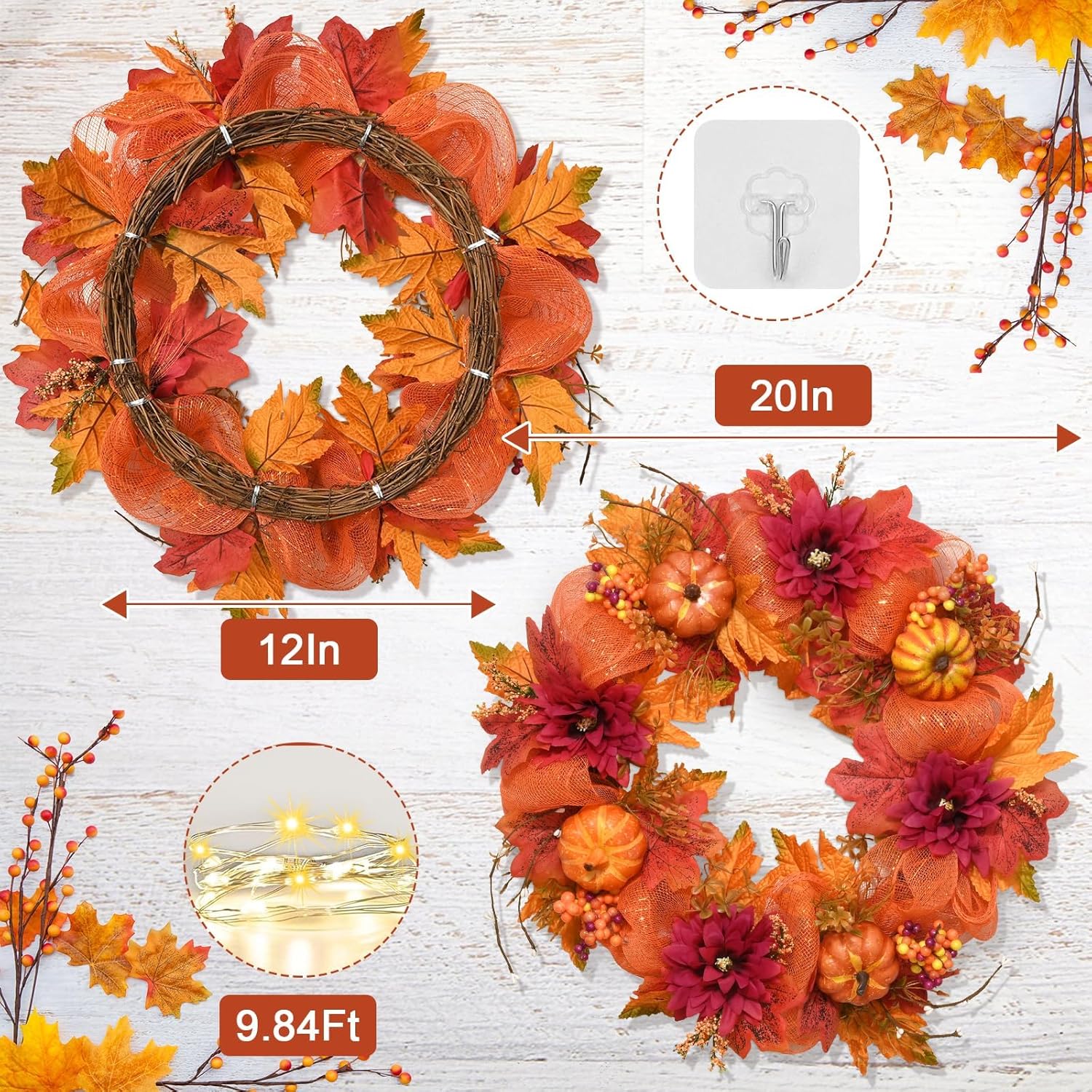 Fall Wreath with Lights - 20 Inch Autumn Decor for Front Door and Porch