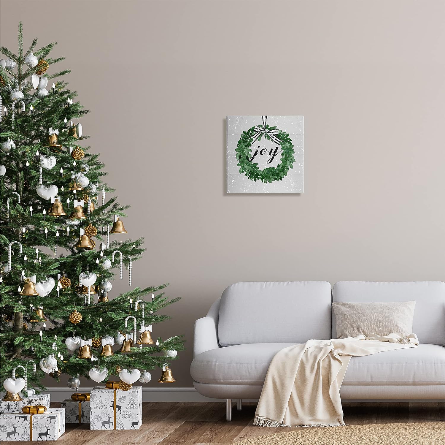 Stupell Industries Joy Sentiment Green Winter Leaf Wreath Canvas Wall Art
