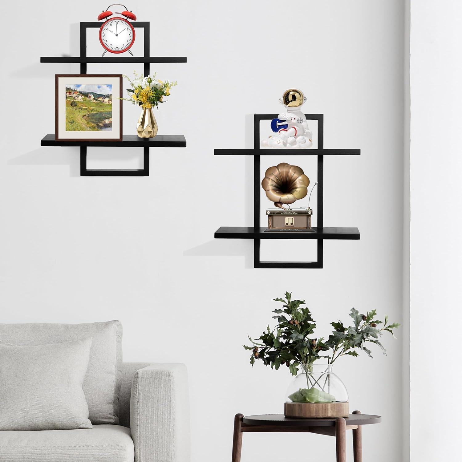 PHOENANCEE Floating Shelves Set of 2 Modern 2-Tier Black Oak Wall Display