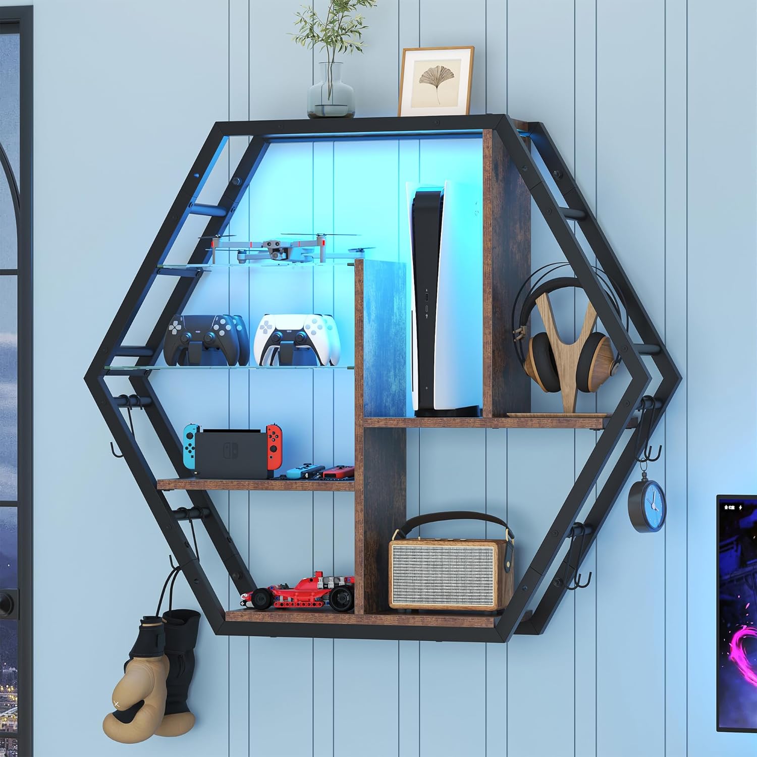 39 Inch Gaming Floating Shelves with LED Lights 5 Tier Retro Brown