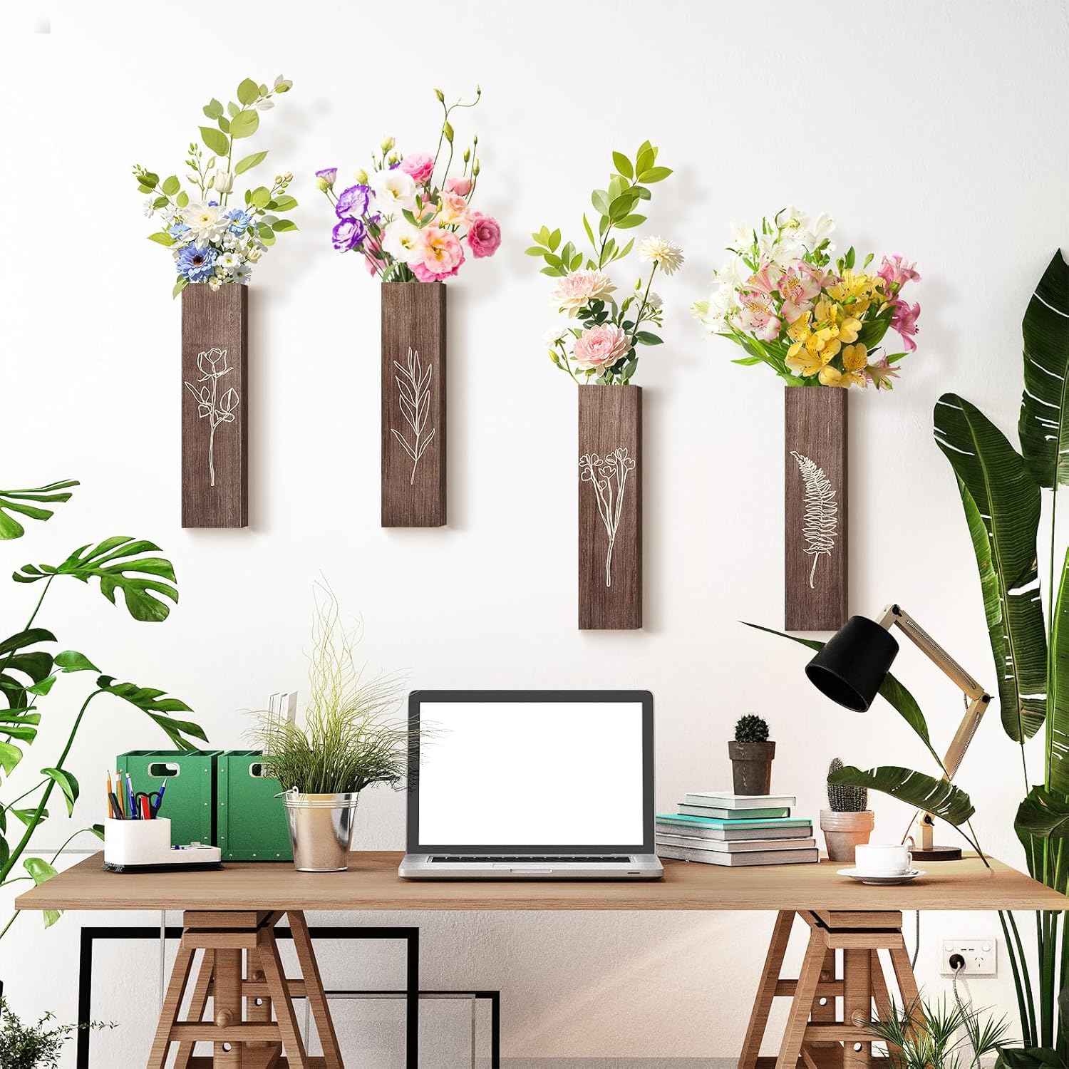 HOMIEE 4 Pack Wooden Wall Planters with Artificial Eucalyptus