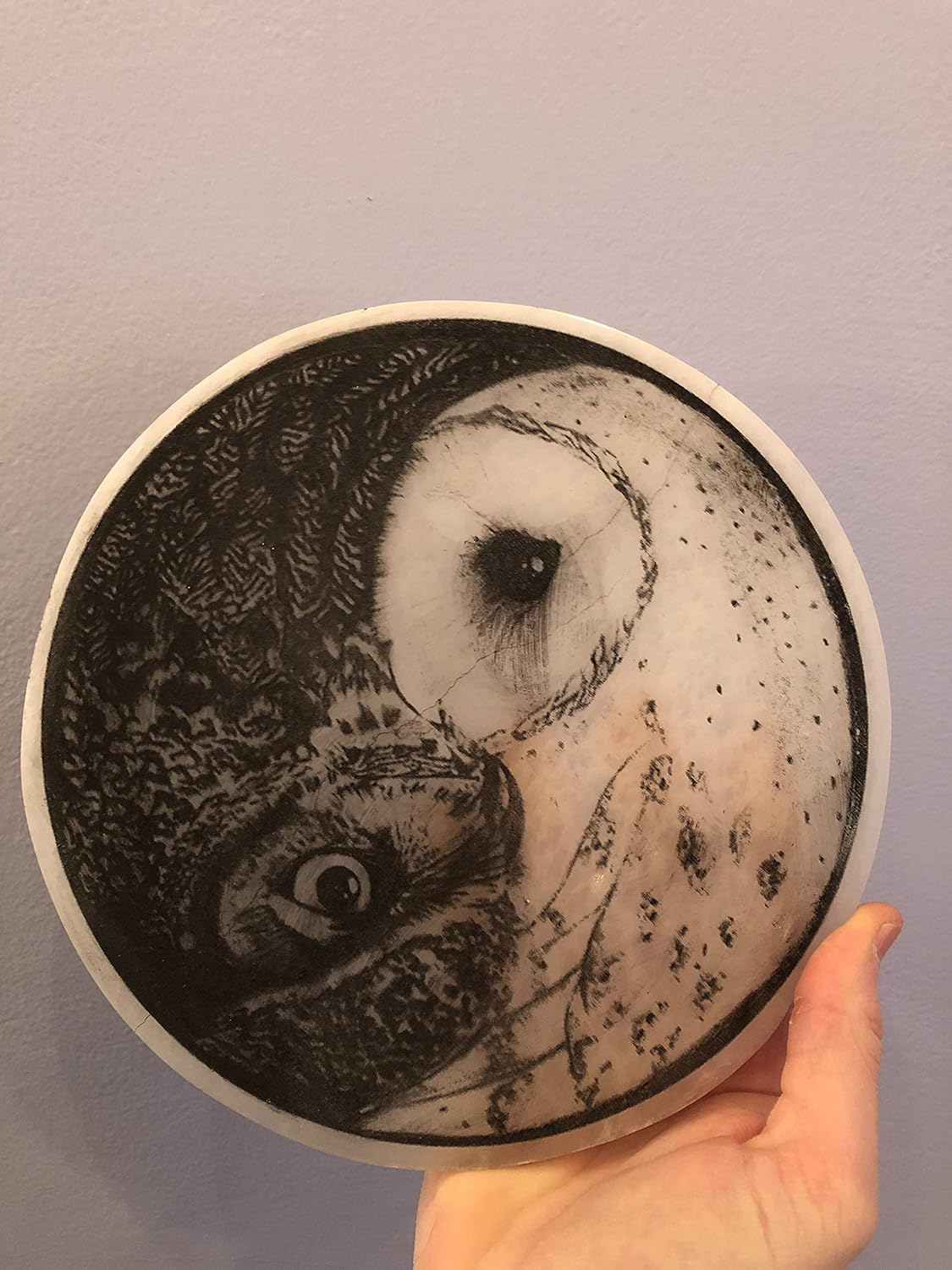 Etched Owl Yin Yang 8 Inch Selenite Charging Plate