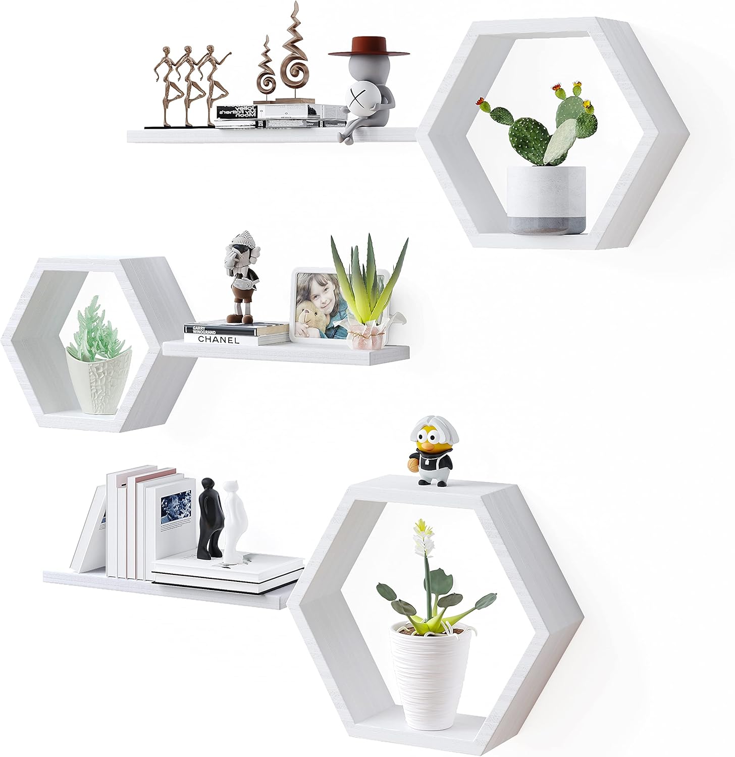 Wooden Hexagon Floating Shelves Set of 6 White Pine