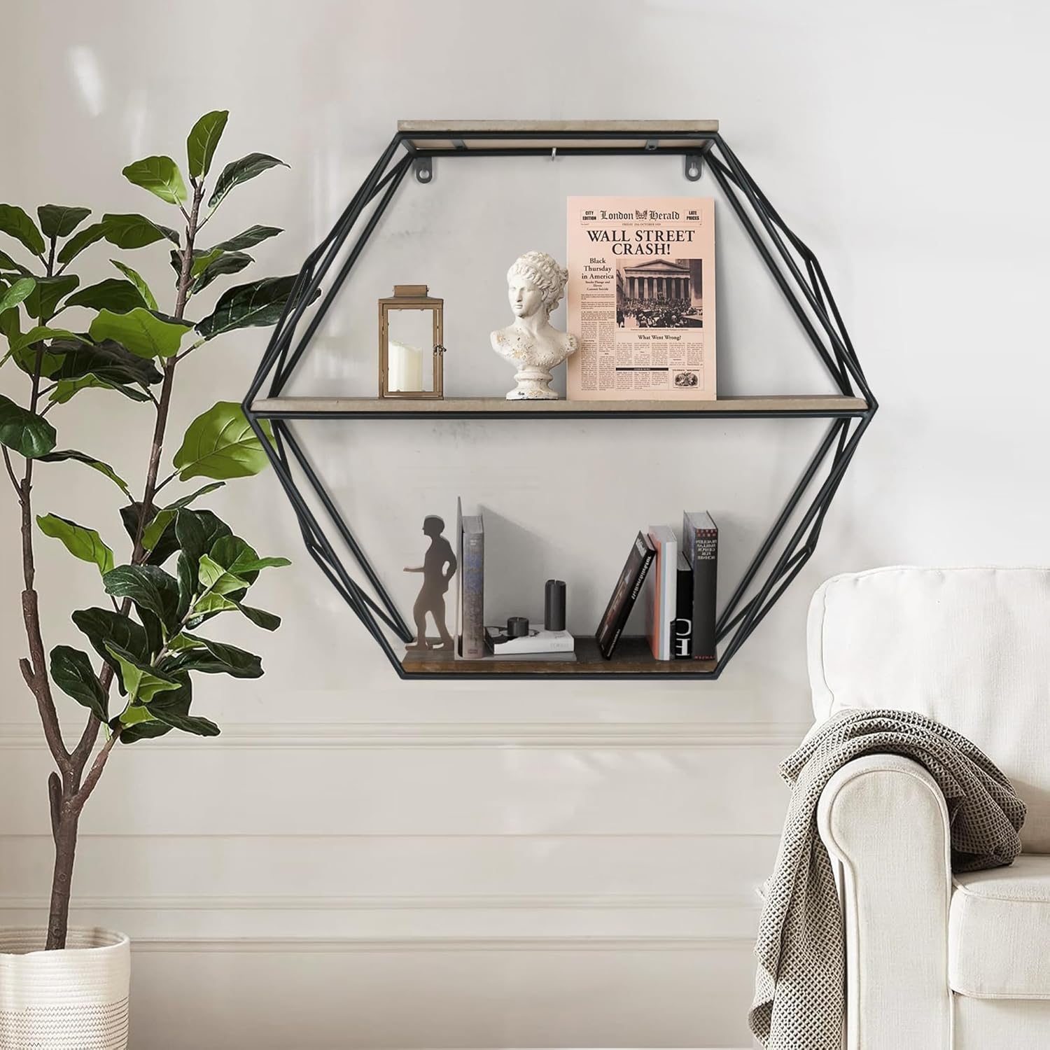 Oakrain Black Floating Wall Shelf Hexagon Living Room Bedroom