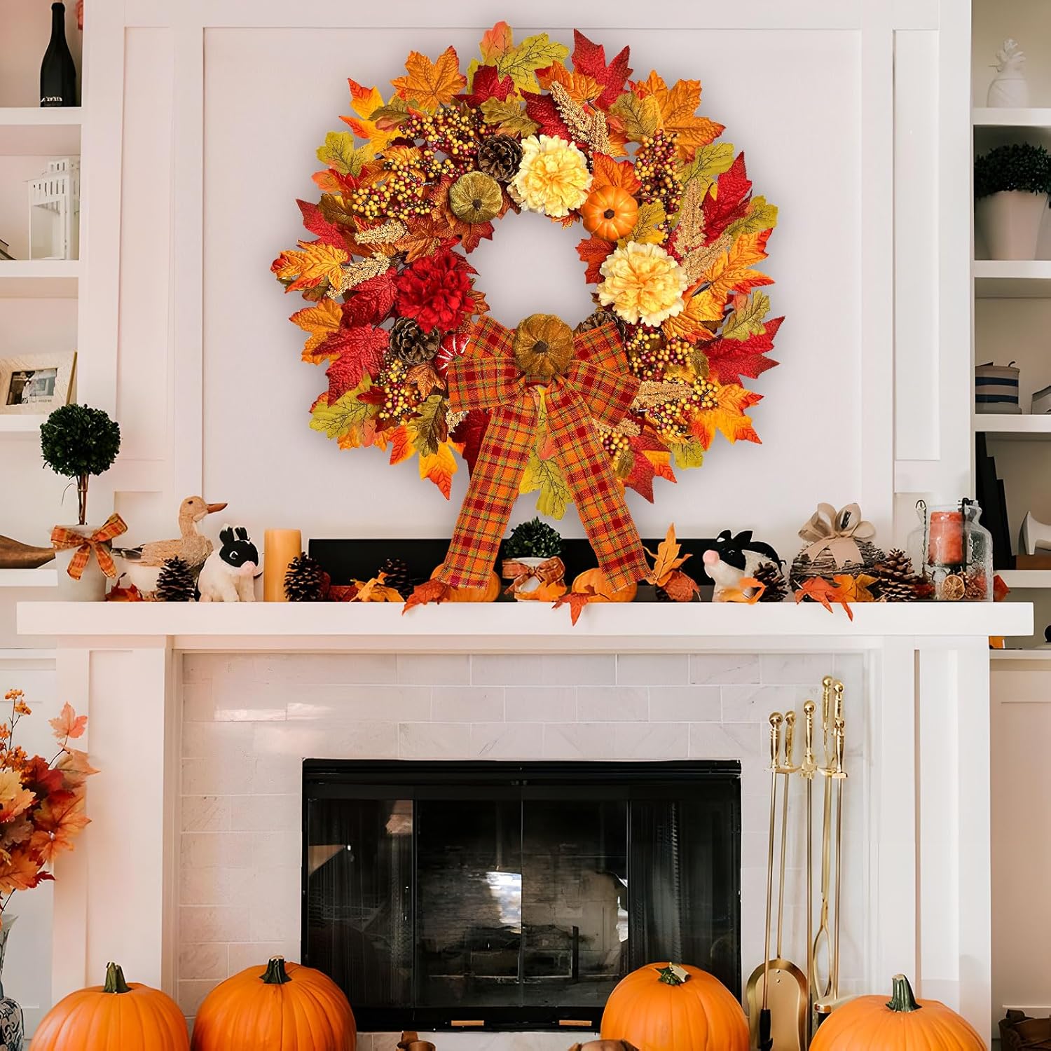 24 Inch Fall Wreath with Lights Pumpkin and Berry Decor