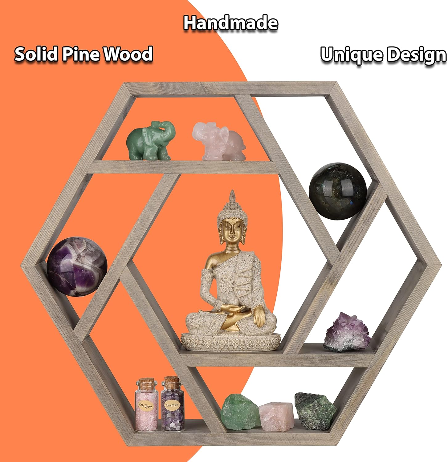 Venture Decor Crystal Display Shelf Hexagon Floating Wall Mount for Healing Stones and Chakra Decor