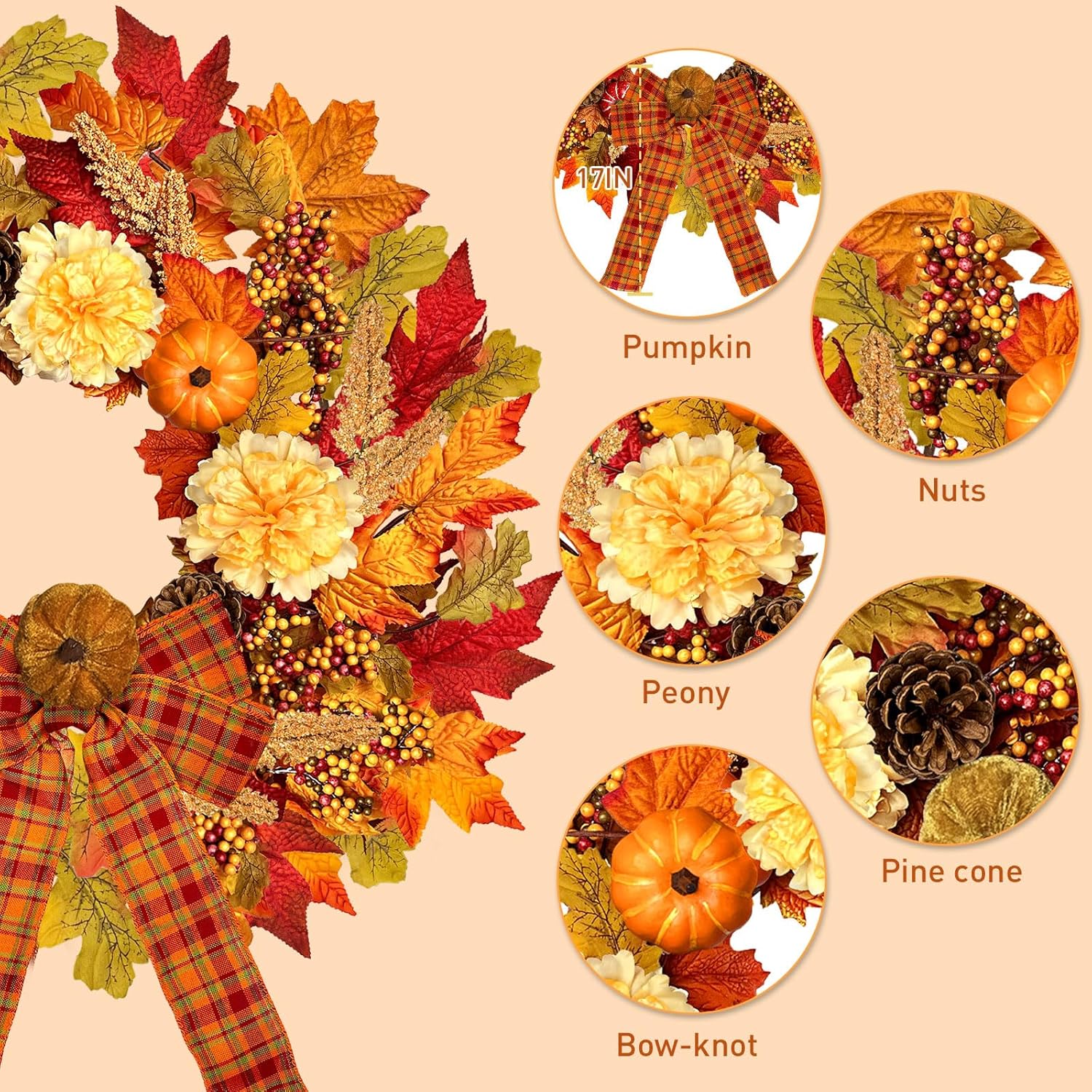24 Inch Fall Wreath with Lights Pumpkin and Berry Decor