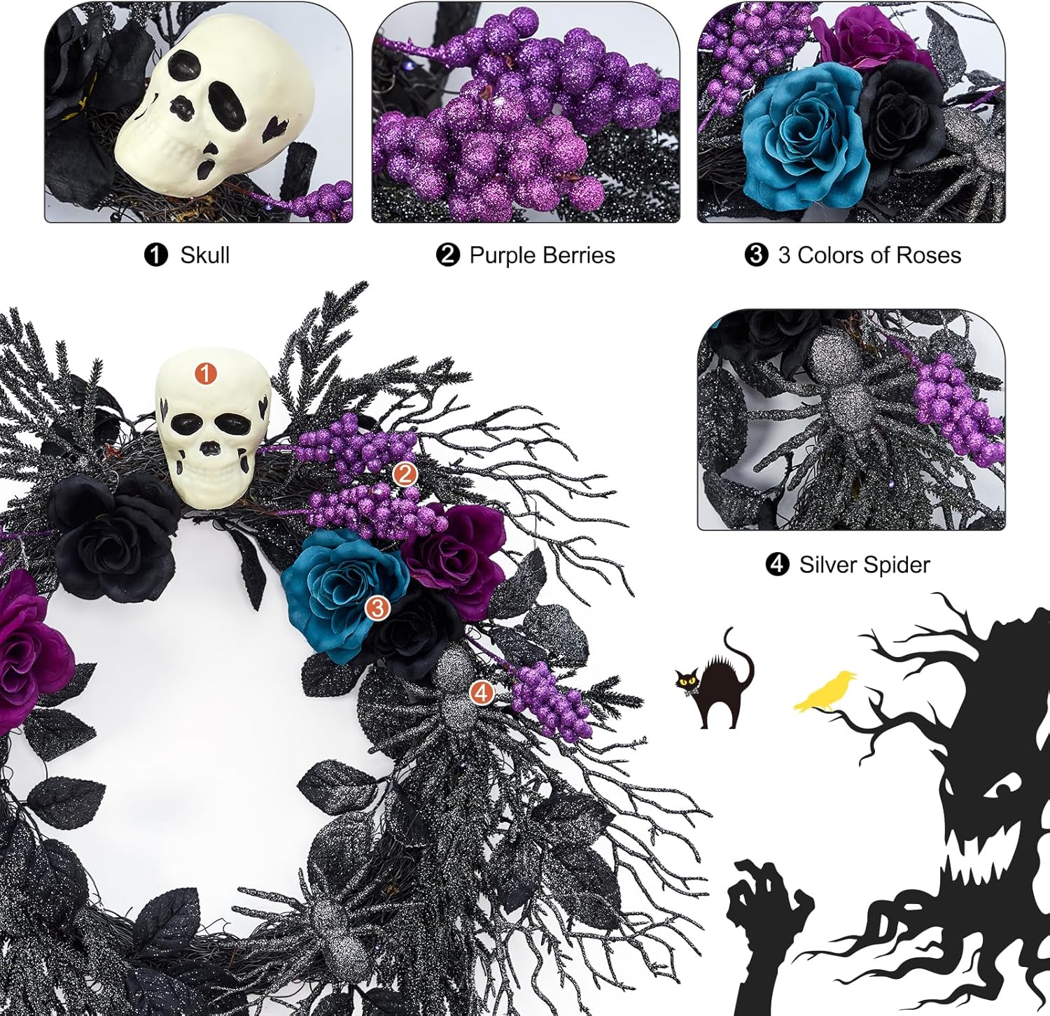 Gothic Halloween Skull Wreath with LED Lights