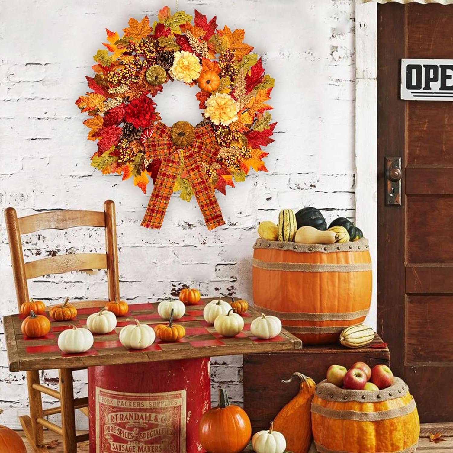 24 Inch Fall Wreath with Lights Pumpkin and Berry Decor