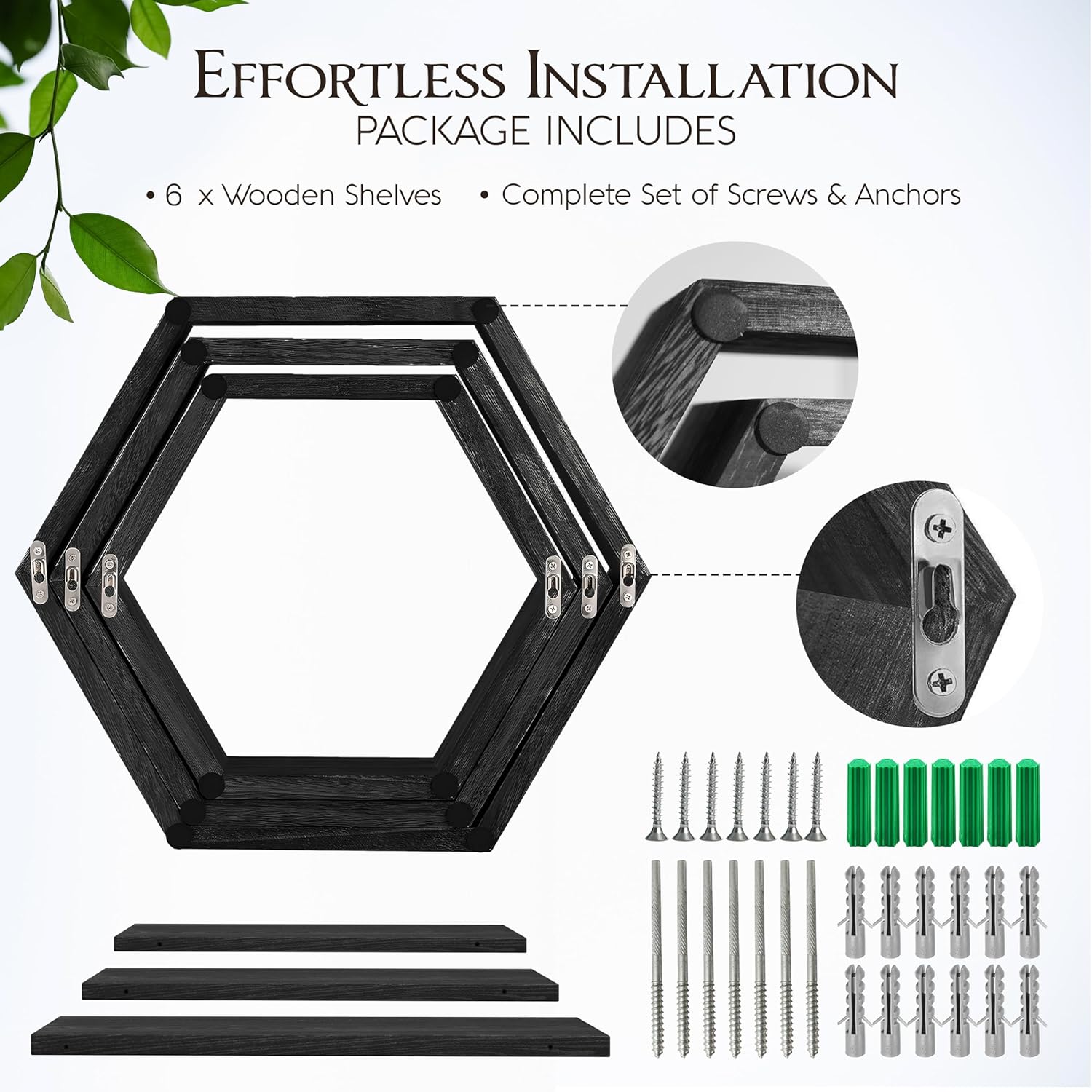 Hexagon Floating Shelves Set of 6 Carbonized Black