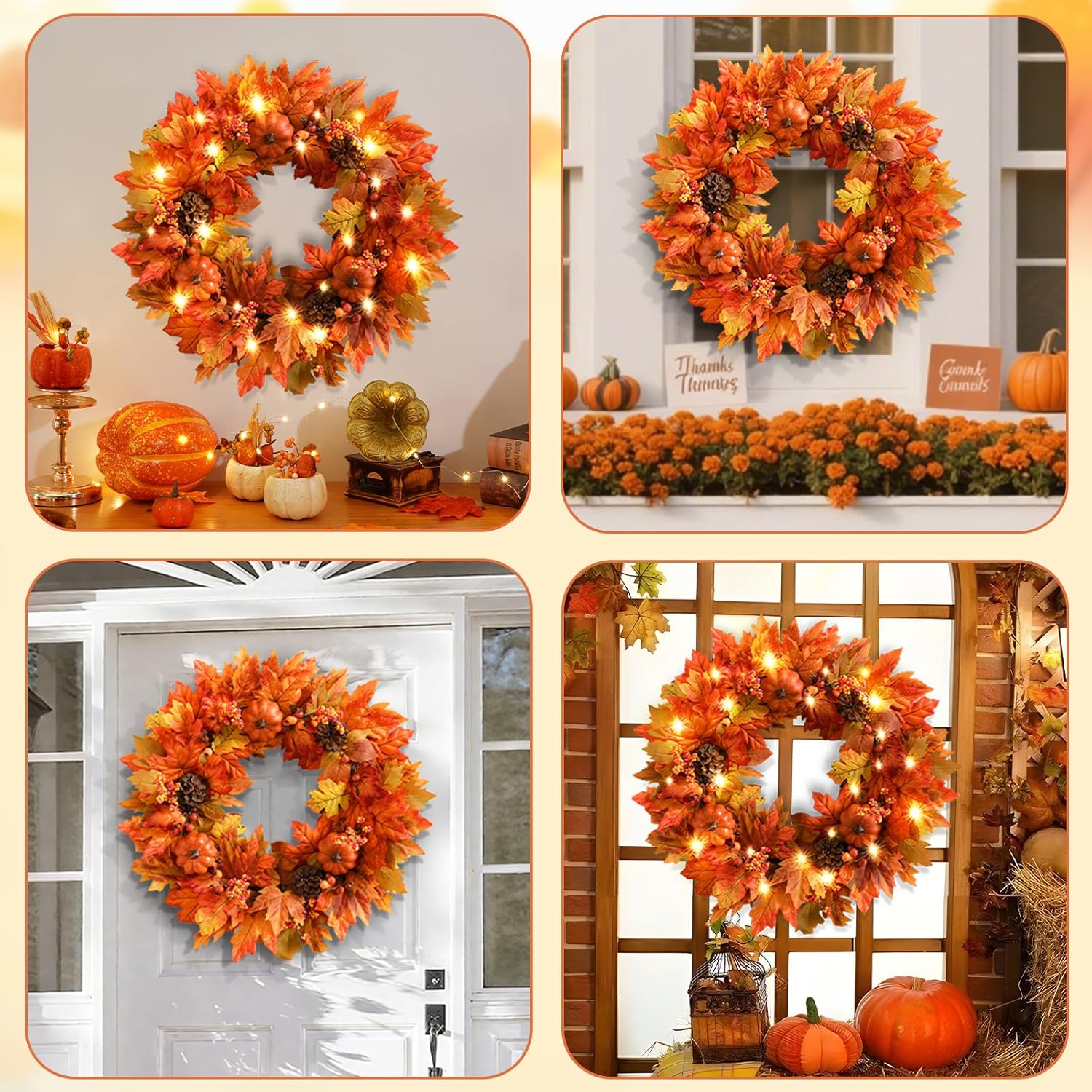 Elyum Fall Wreath - 20 Inch Autumn Door Decor with Pumpkins and Maple Leaves