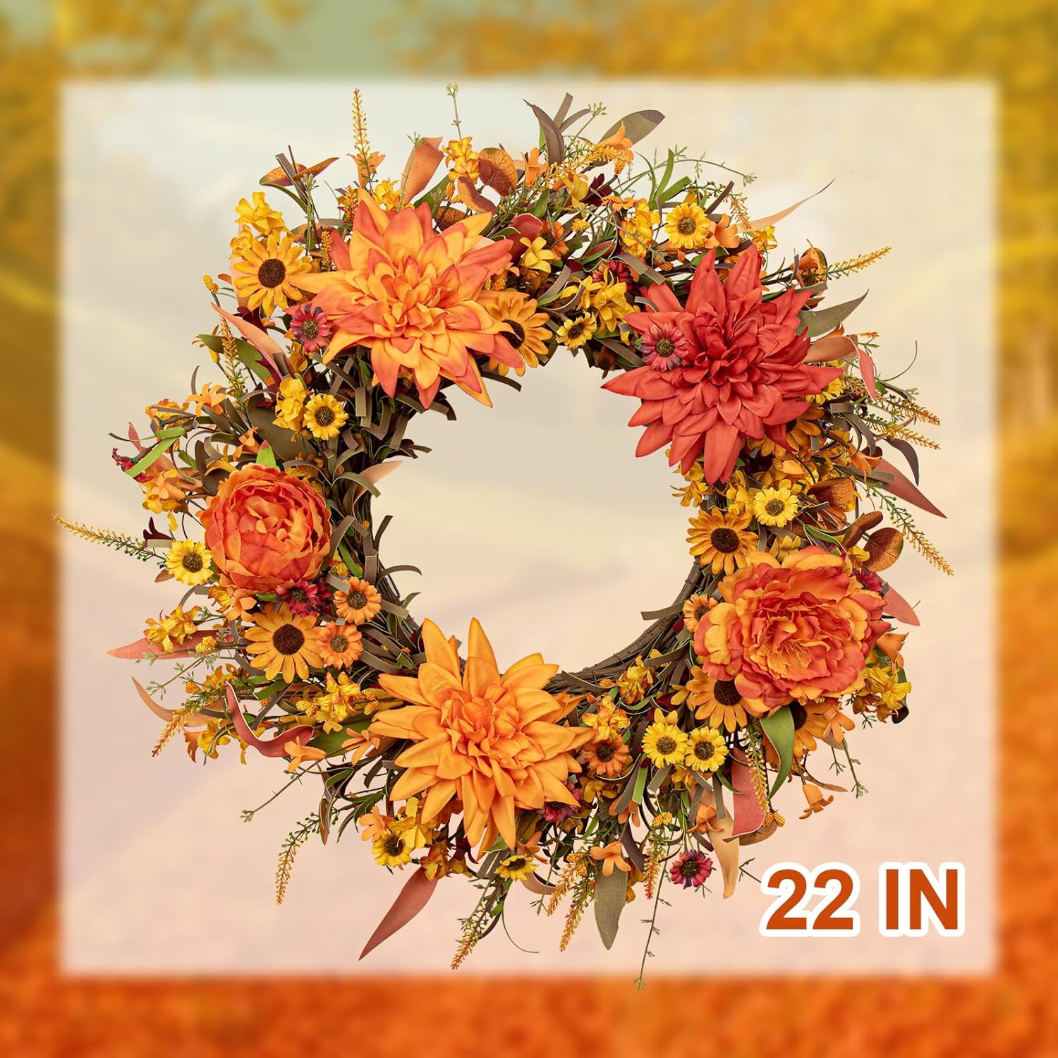 JFLORU 22 Inch Artificial Fall Wreath Autumn Decor for Front Door Thanksgiving Harvest Festival