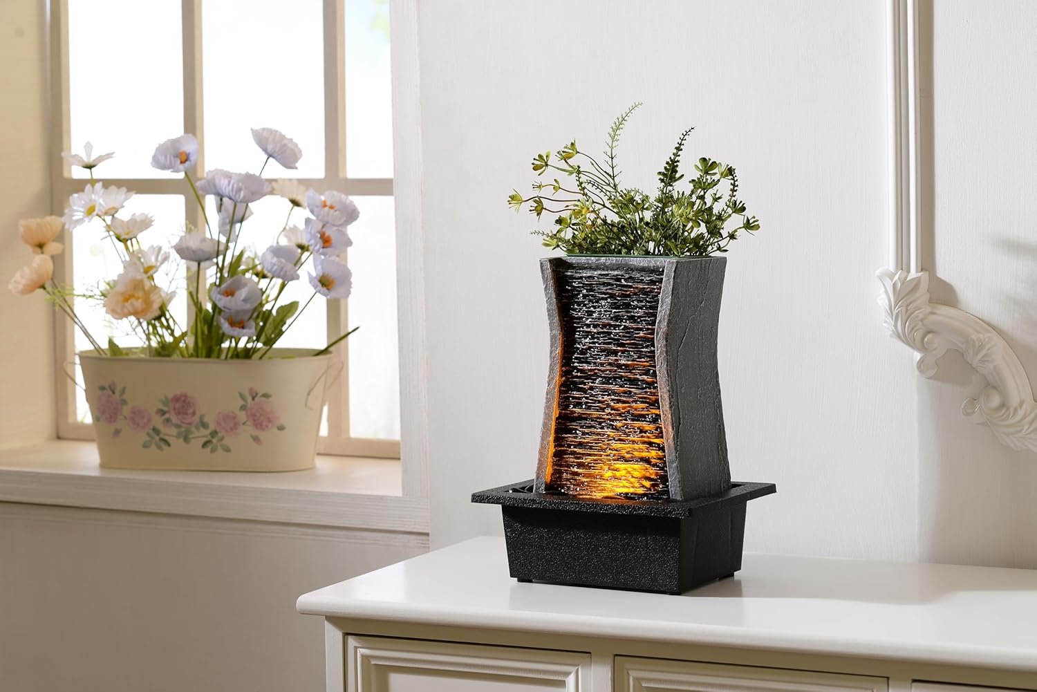 GOSSI Tabletop Water Fountain with LED Lights and Plastic Pot