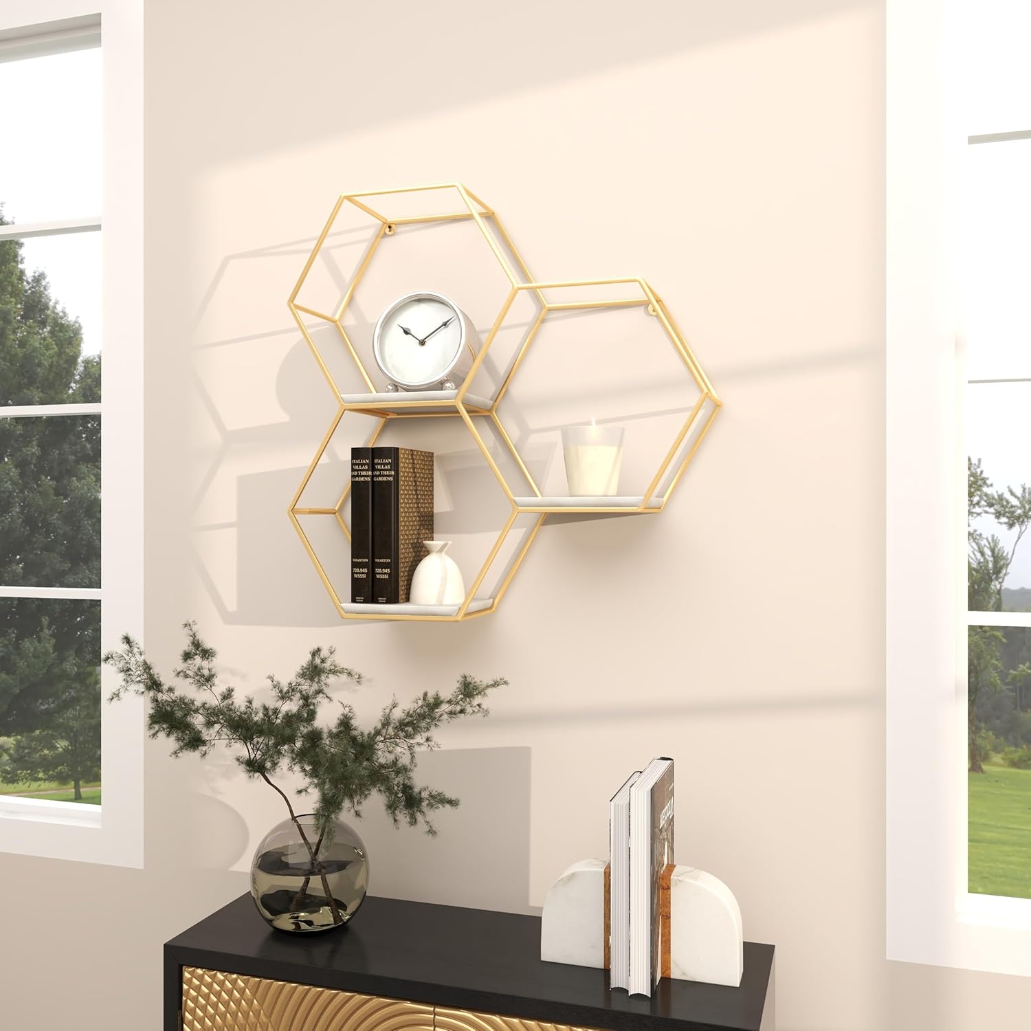 Deco 79 Gold Marble Hexagon Floating Shelf