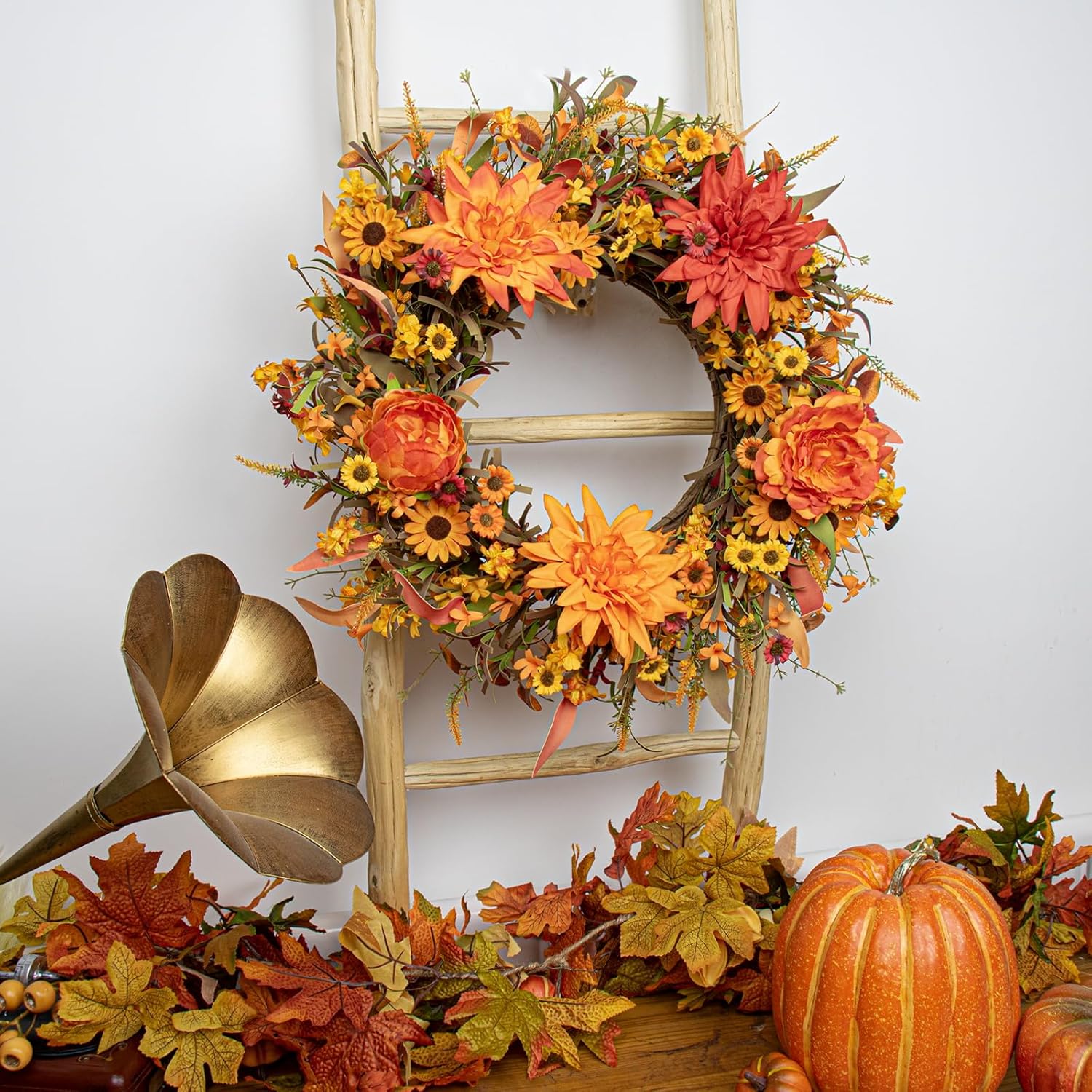 JFLORU 22 Inch Artificial Fall Wreath Autumn Decor for Front Door Thanksgiving Harvest Festival