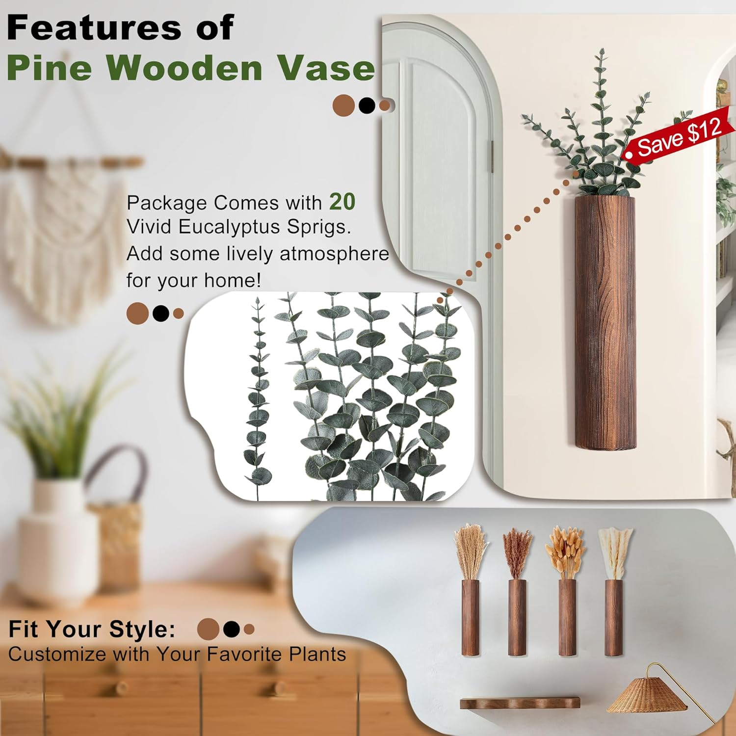 4 Pack Wood Wall Planter with Artificial Eucalyptus