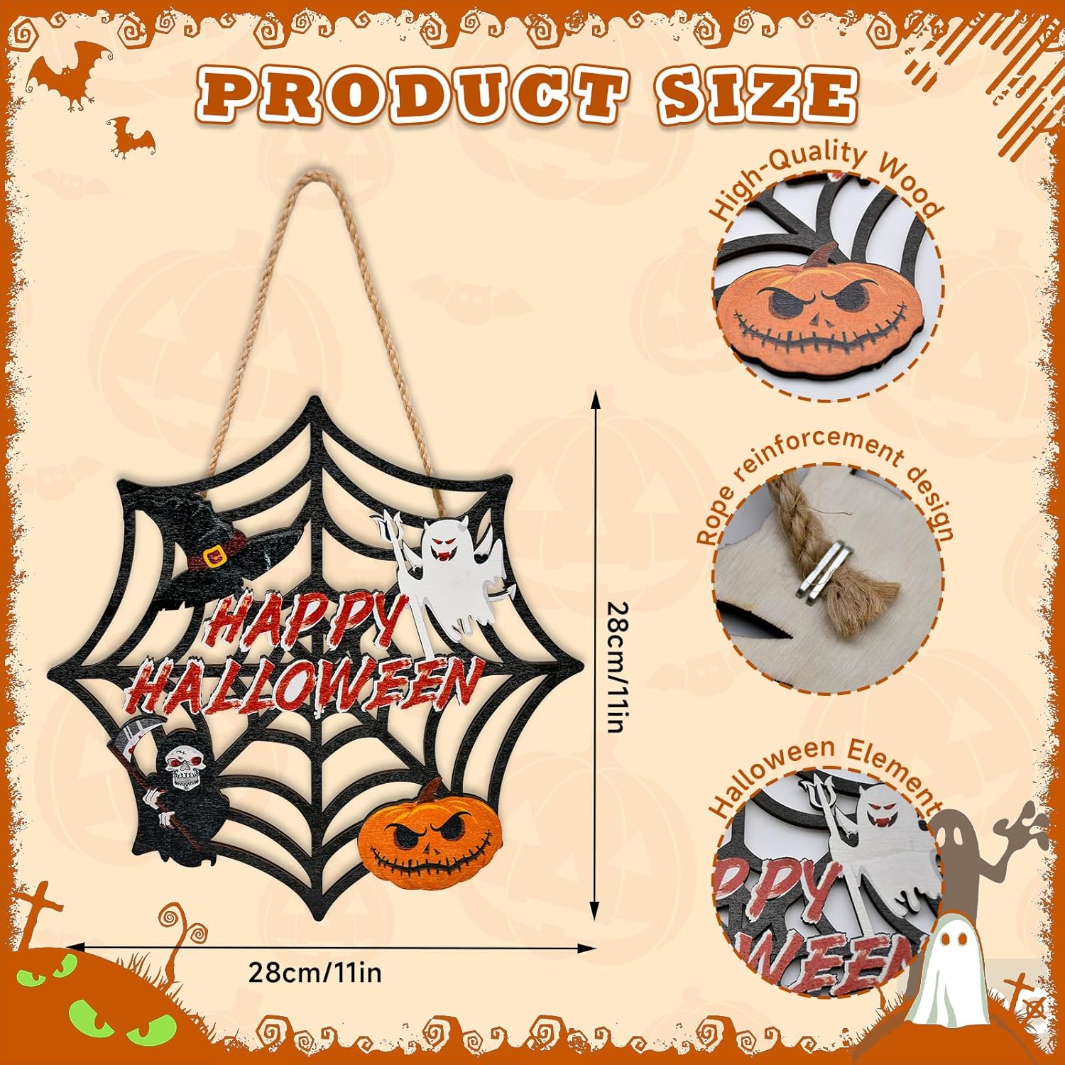 Halloween Wooden Door Wreath with Spider Web and Pumpkin