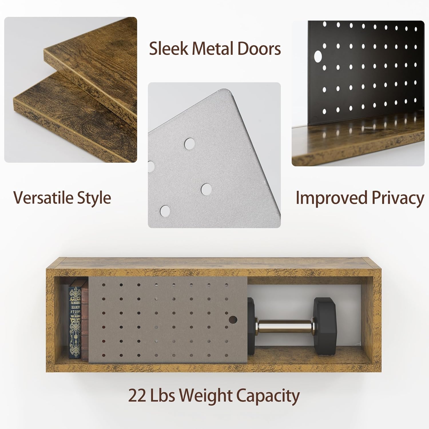 Sonefreiy 24in Floating Cabinet Set of 2 Rustic Wood TV Stand with Slide Metal Doors