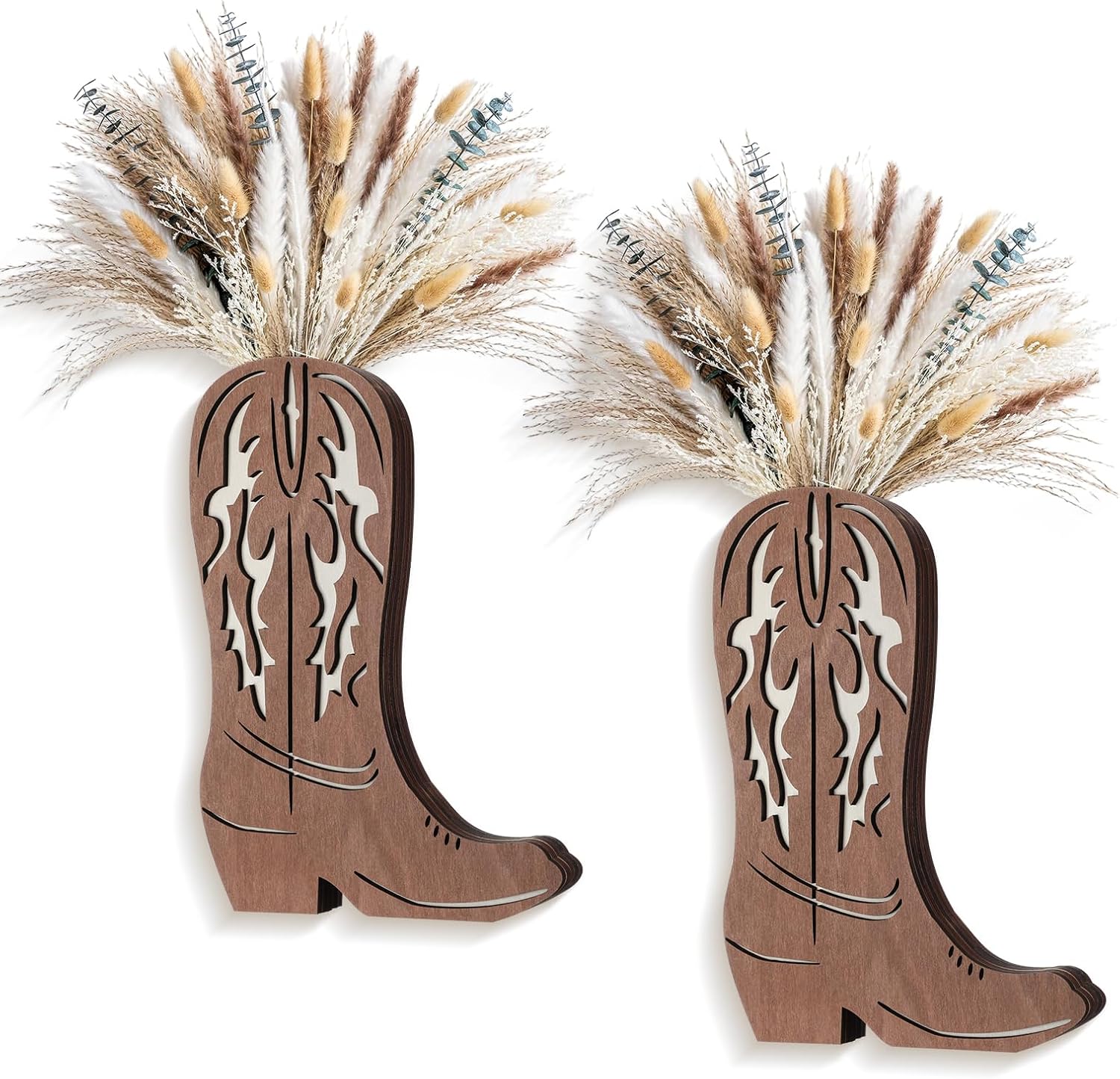 Chunful 2 Pcs Wood Cowboy Boot Vase with Dried Pampas Grass Flowers