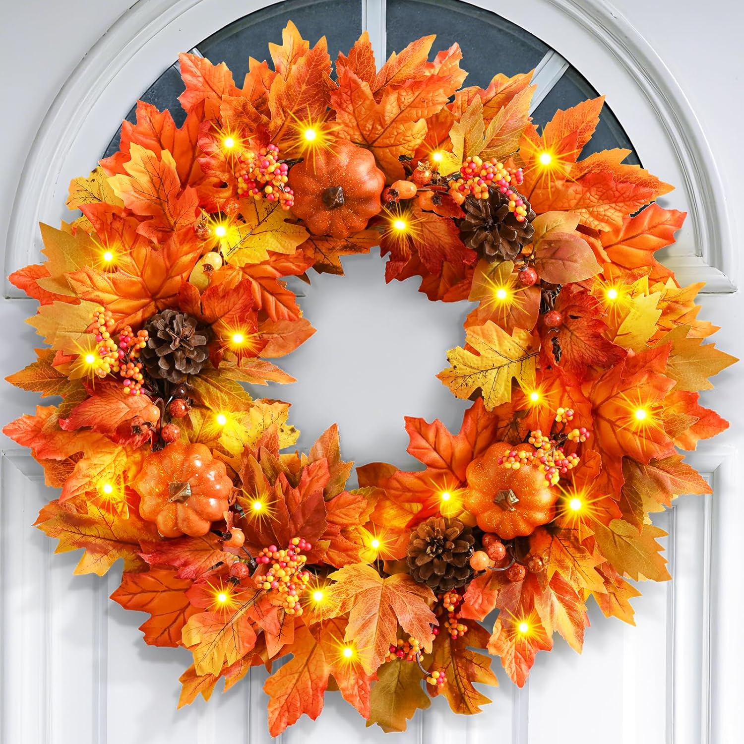 Elyum Fall Wreath - 20 Inch Autumn Door Decor with Pumpkins and Maple Leaves