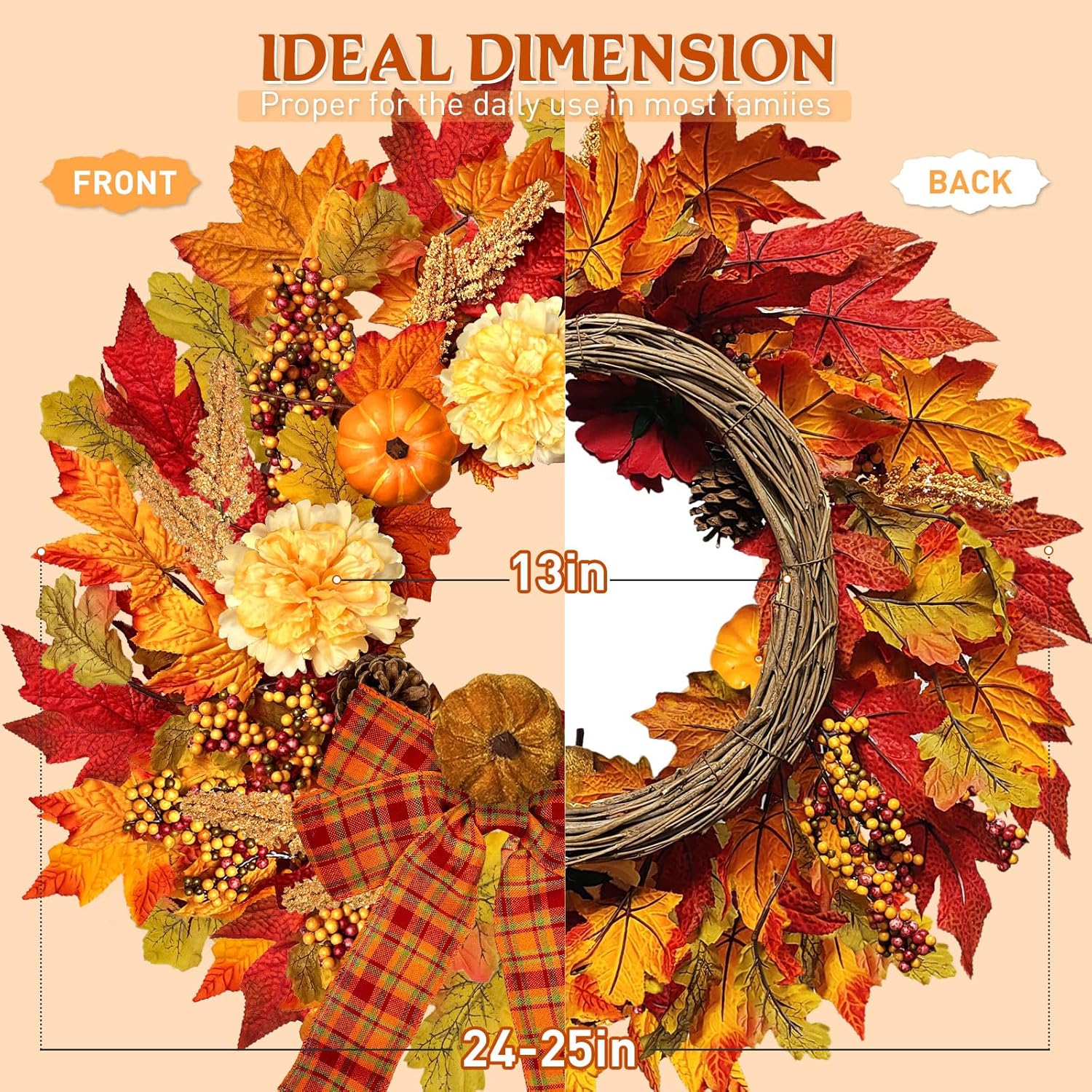 24 Inch Fall Wreath with Lights Pumpkin and Berry Decor