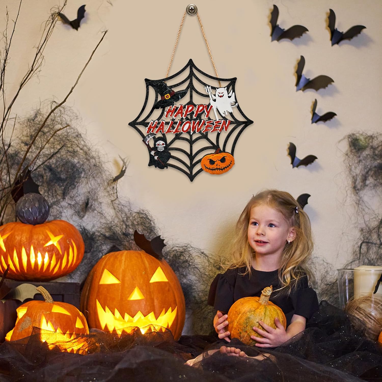 Halloween Wooden Door Wreath with Spider Web and Pumpkin