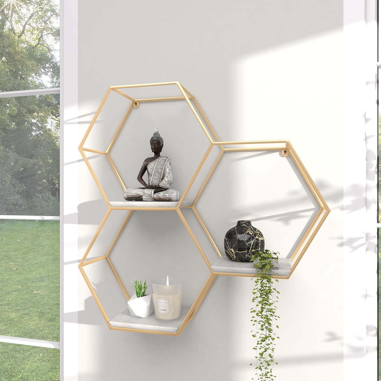 Deco 79 Gold Marble Hexagon Floating Shelf