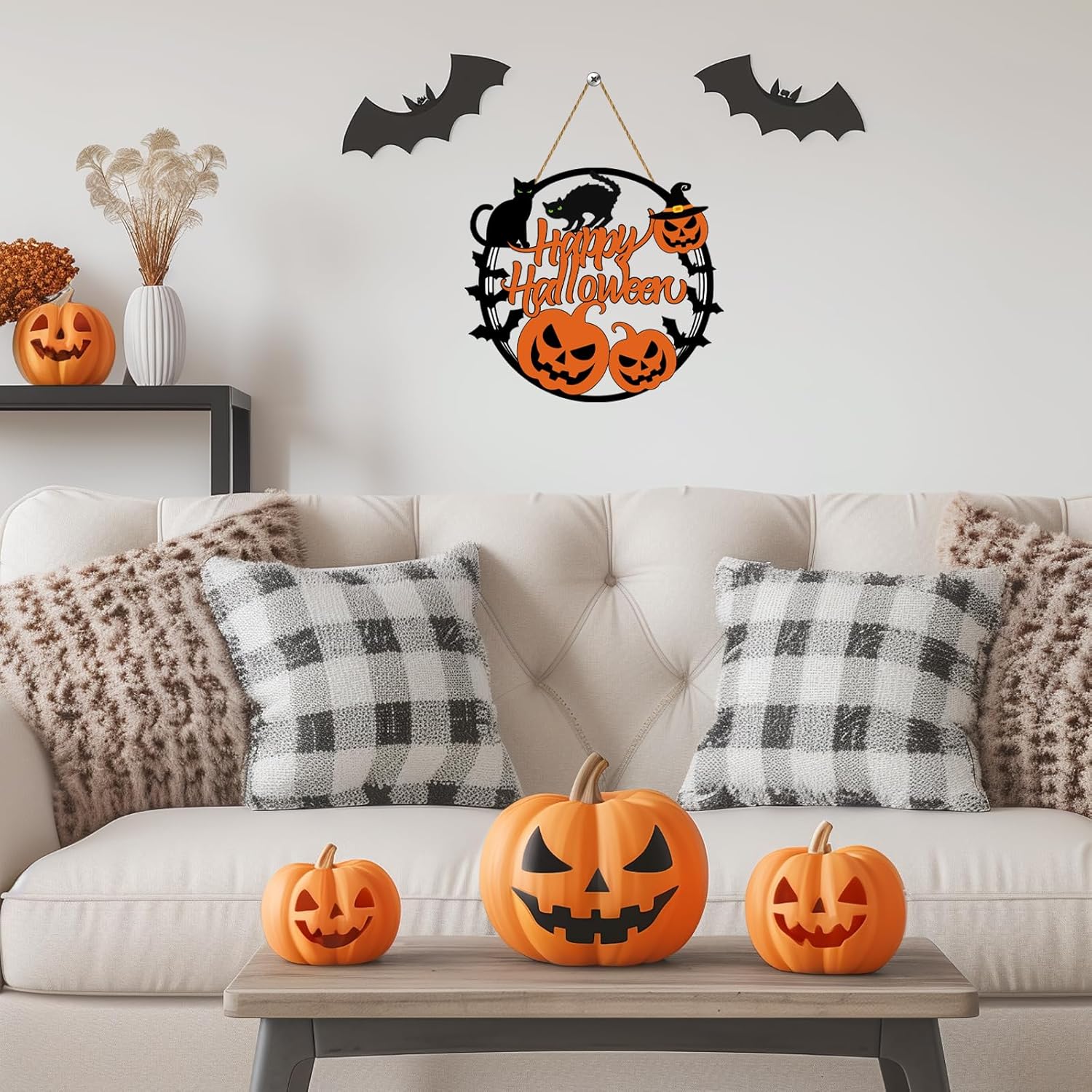 Halloween Wreath Decorations with Pumpkin Bat Black Cat Sign
