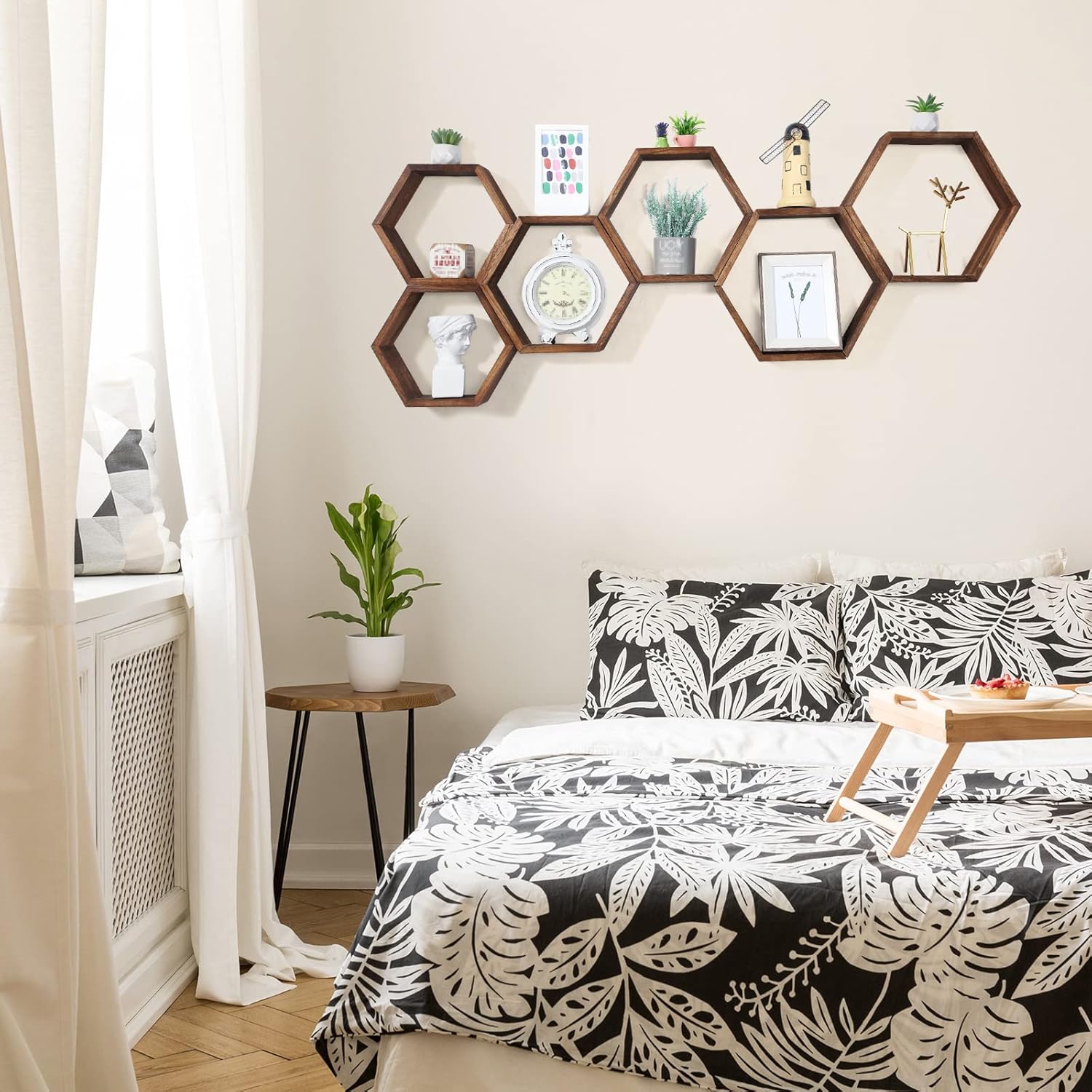 Maitys Hexagon Floating Shelves Set of 8 Brown Wood Wall Decor