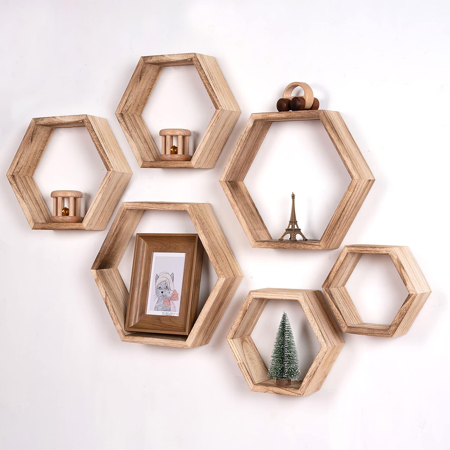 WONFUlity Hexagon Floating Shelves Driftwood Light Brown