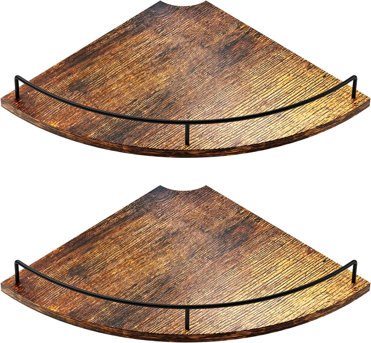 Corner Floating Shelves Set of 2 Rustic Brown Wood Wall Mount Storage with Guardrail